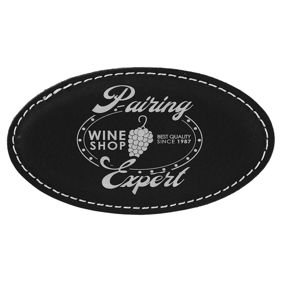 3 1/4" x 1 3/4" Black/Silver Laserable Leatherette Oval Badge Blank with Magnet