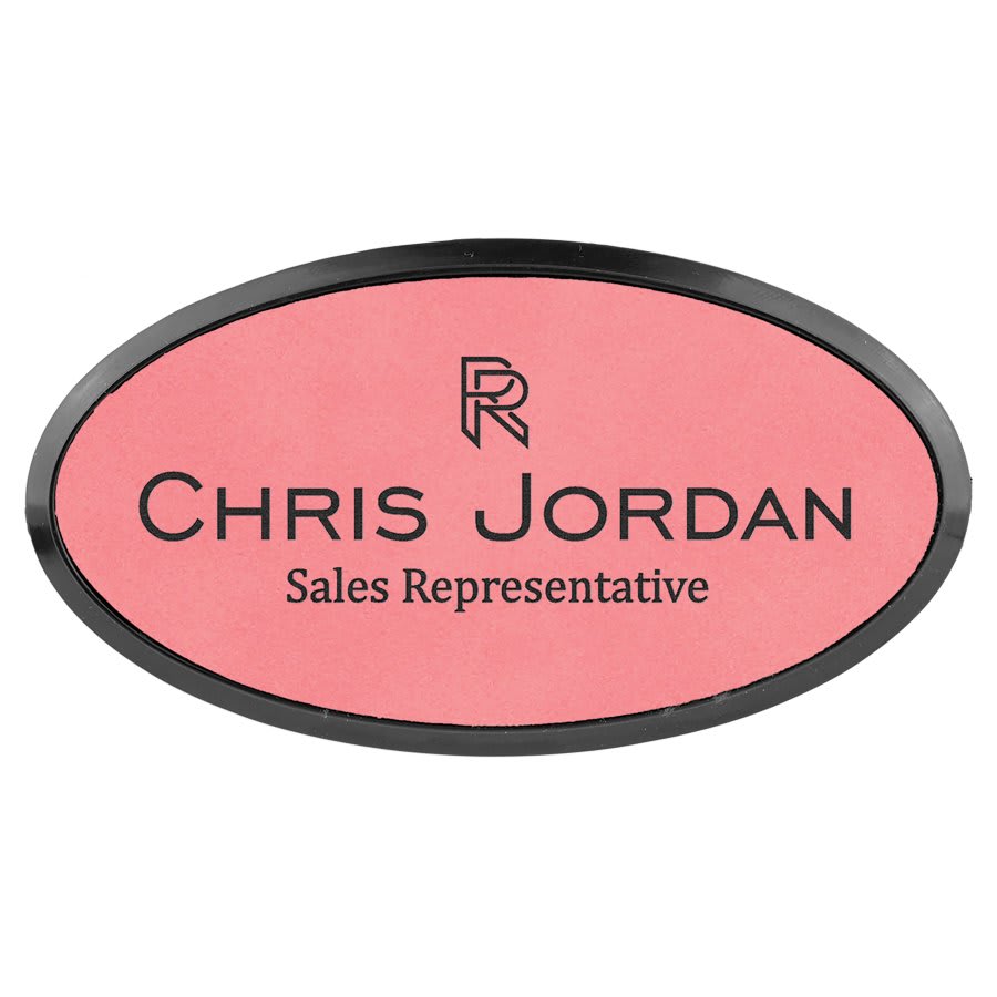 Pink Engravable Leatherette Oval Badge & Frame - 3" x 1 1/2"