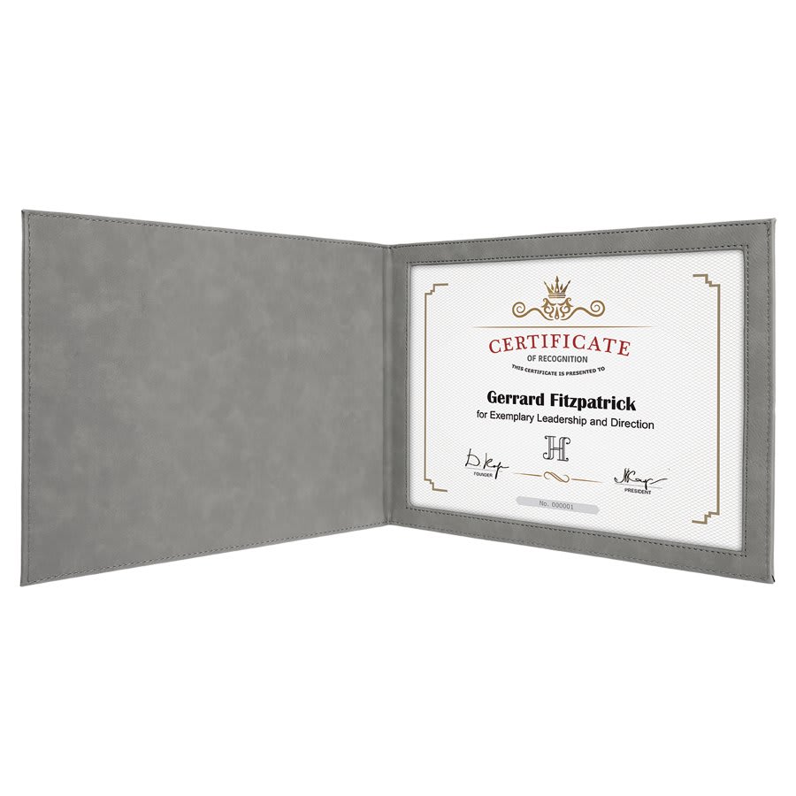 Gray Engravable Leatherette Certificate Holder for 8 1/2" x 11" - 9" x 12"