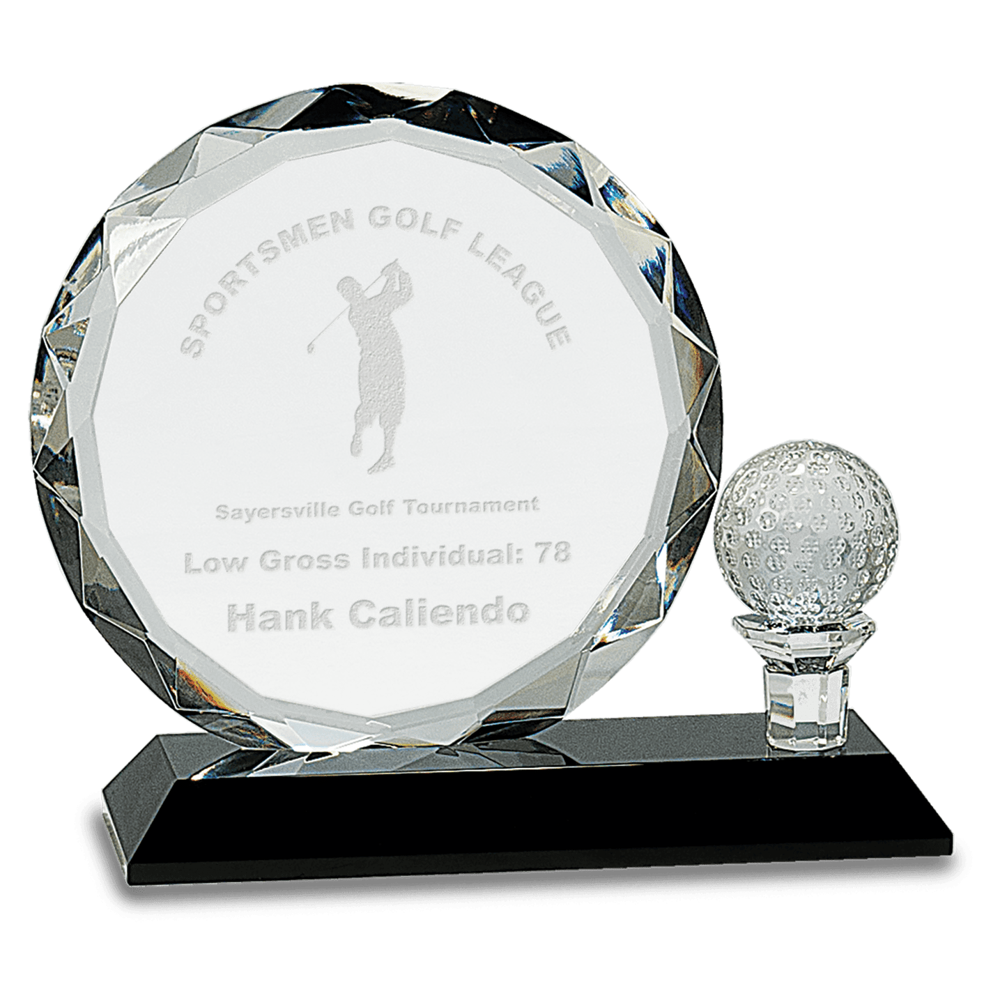 Round Facet Crystal with Golf Ball on Black Pedestal Base - 6 1/2"