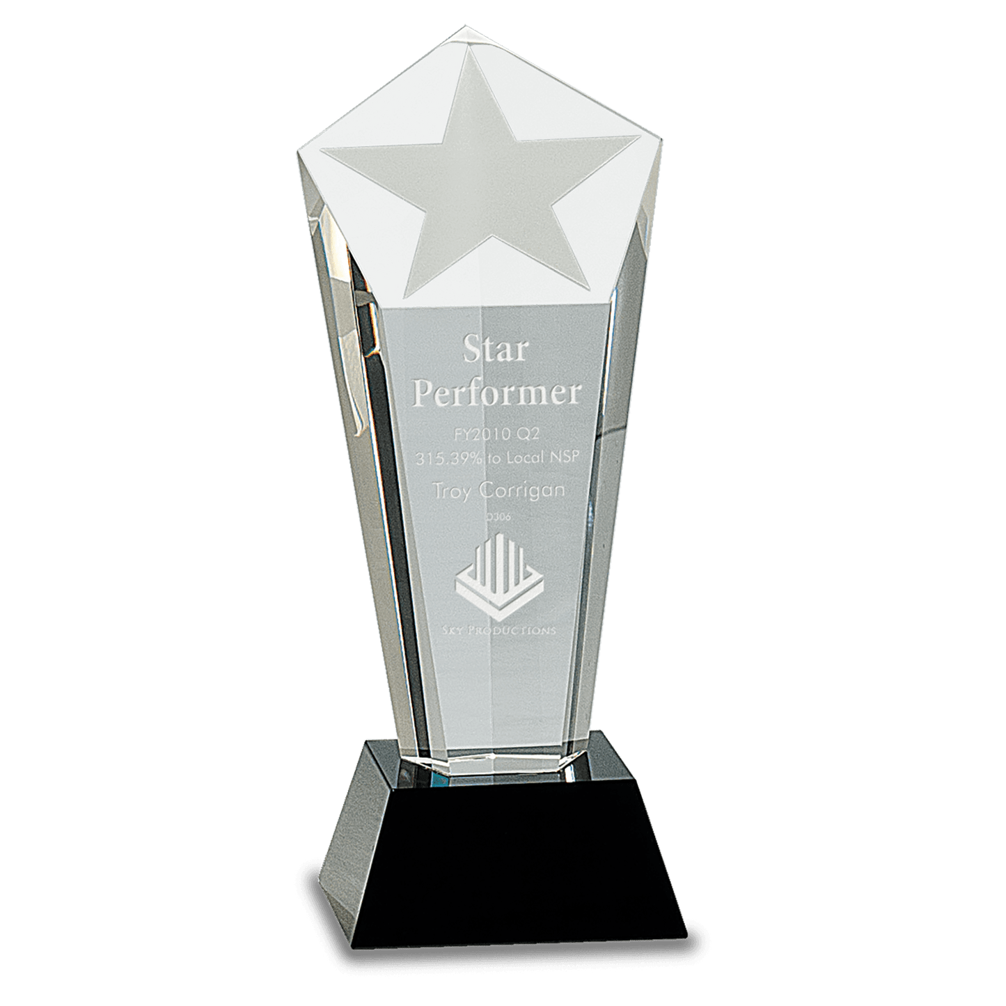 Crystal Frosted Star Column on Black Pedestal Base - 8 3/4"