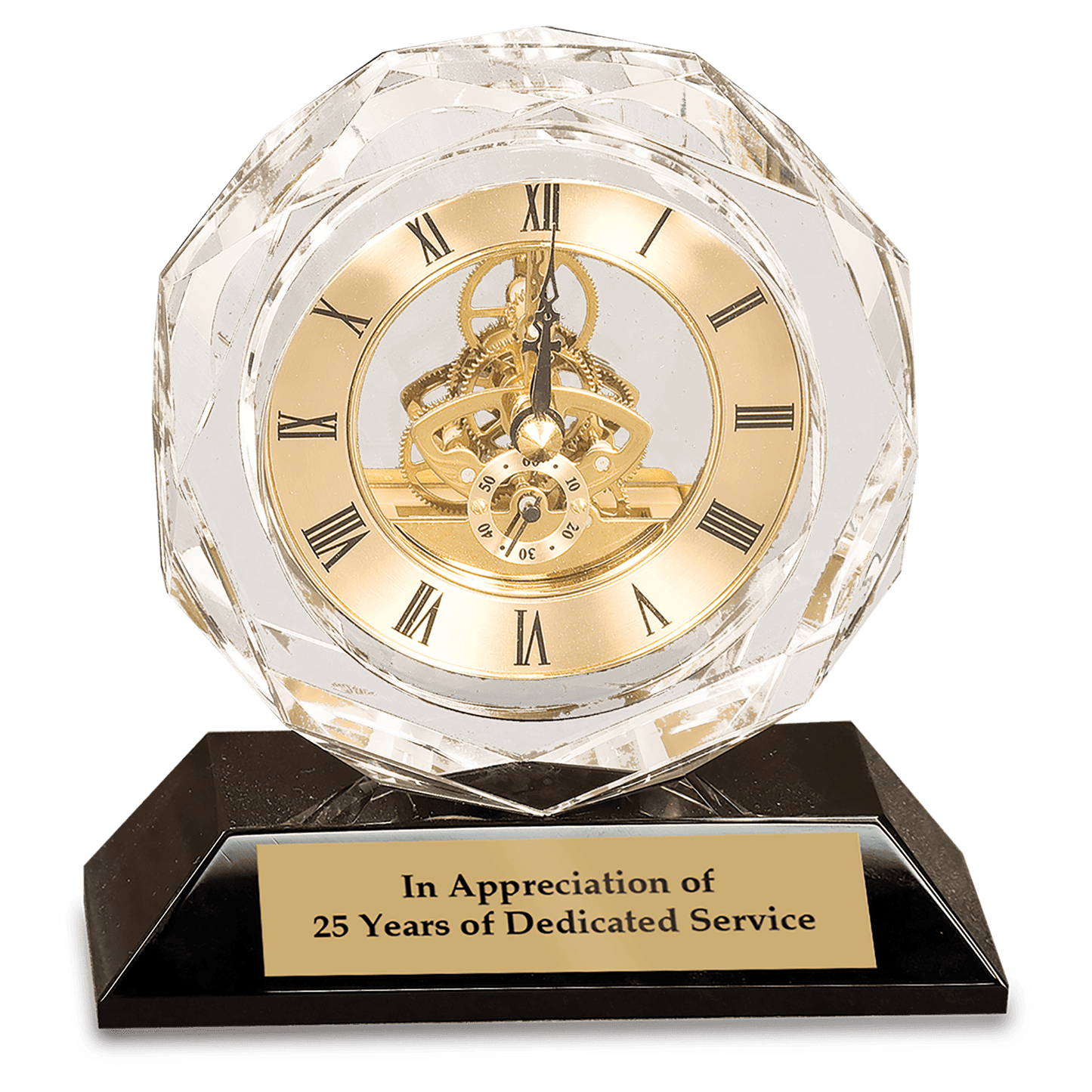 Clear Crystal Clock on Black Pedestal Base - 5 3/4"