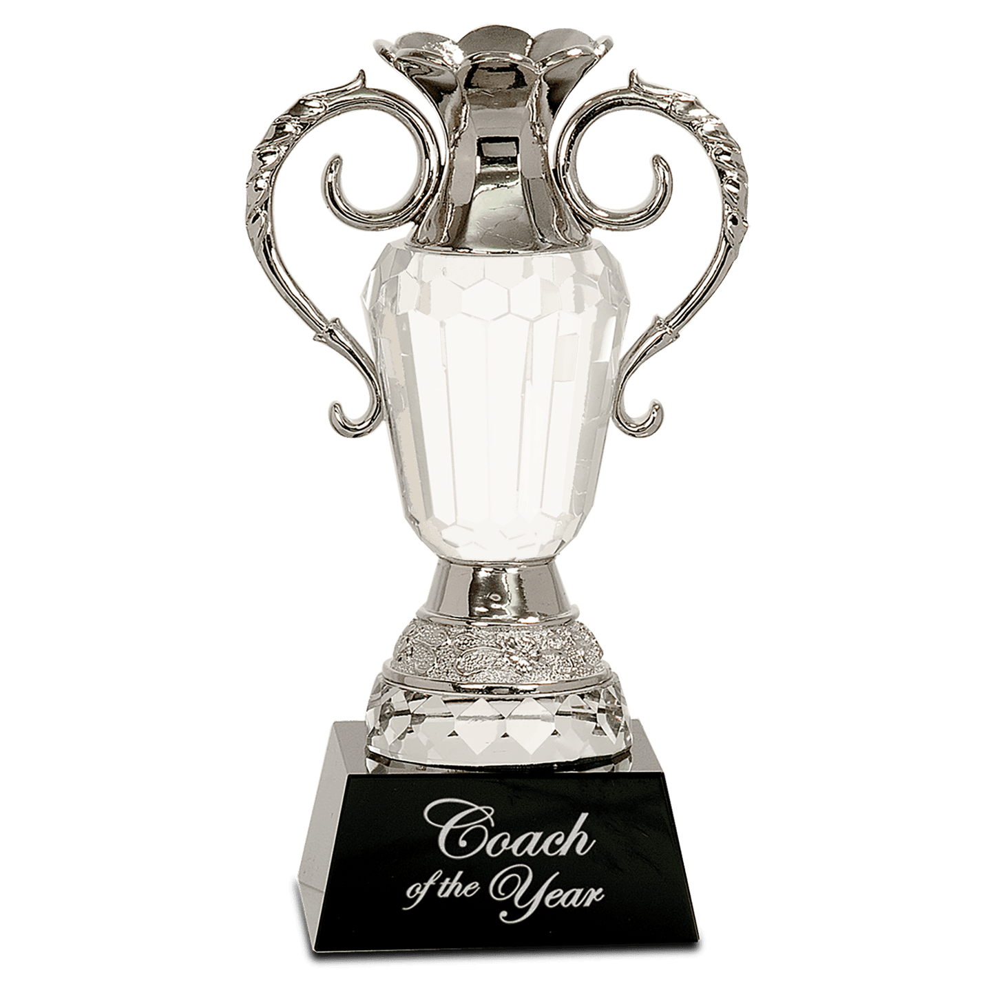 Crystal Cup with Silver Metal Handles on Black Pedestal Base - 8"