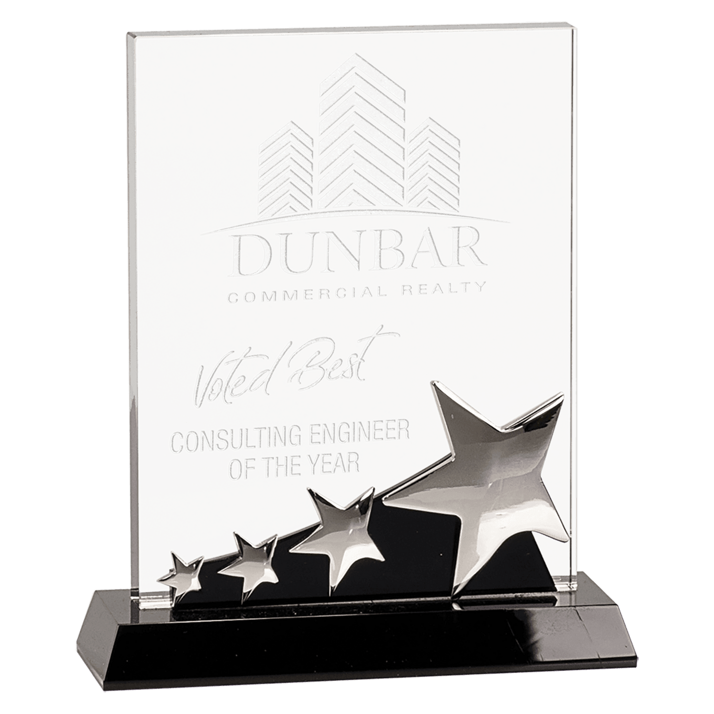 Rectangle Crystal with Silver Stars on Black Pedestal Base - 7"