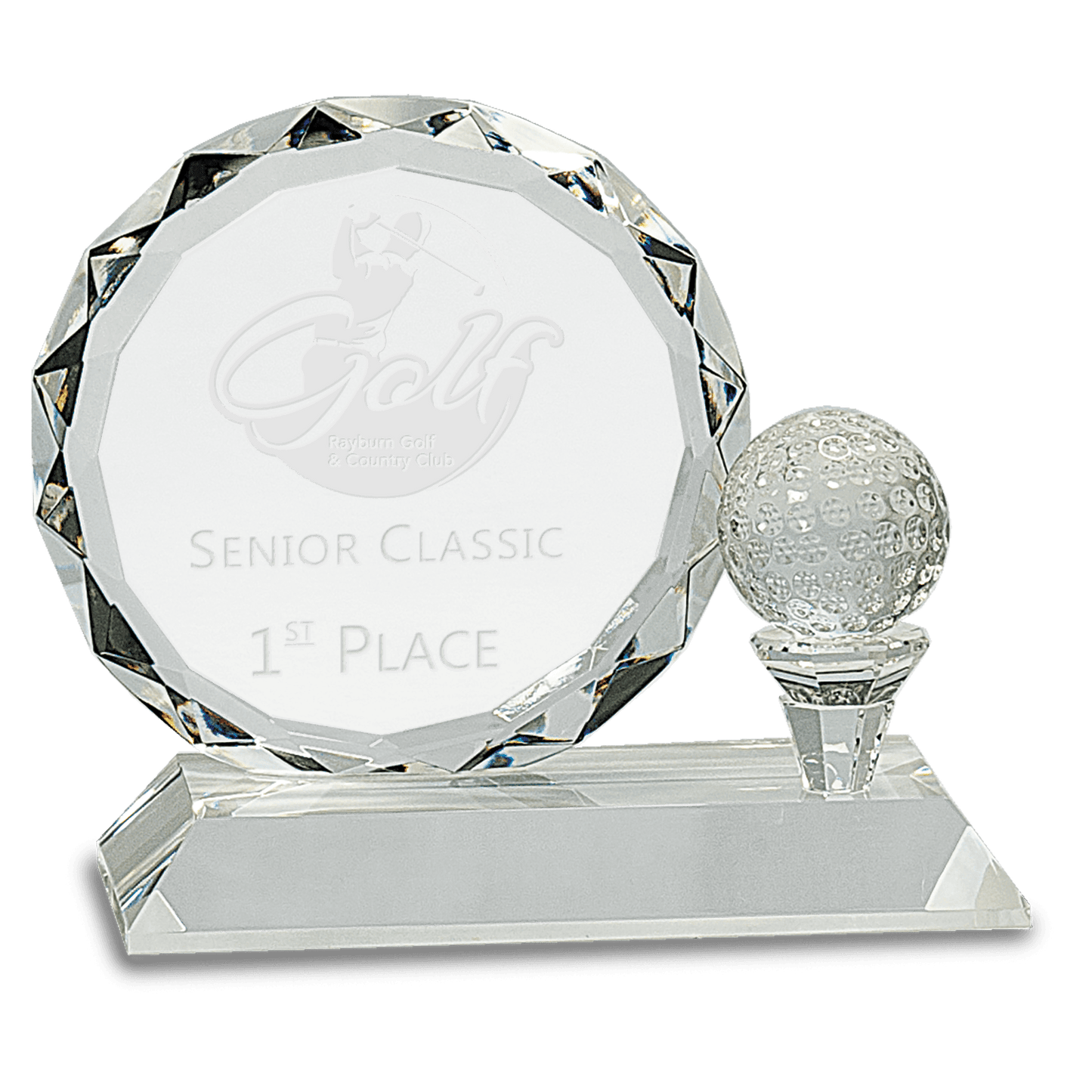 Round Facet Crystal with Golf Ball on Clear Pedestal Base - 5 1/4"