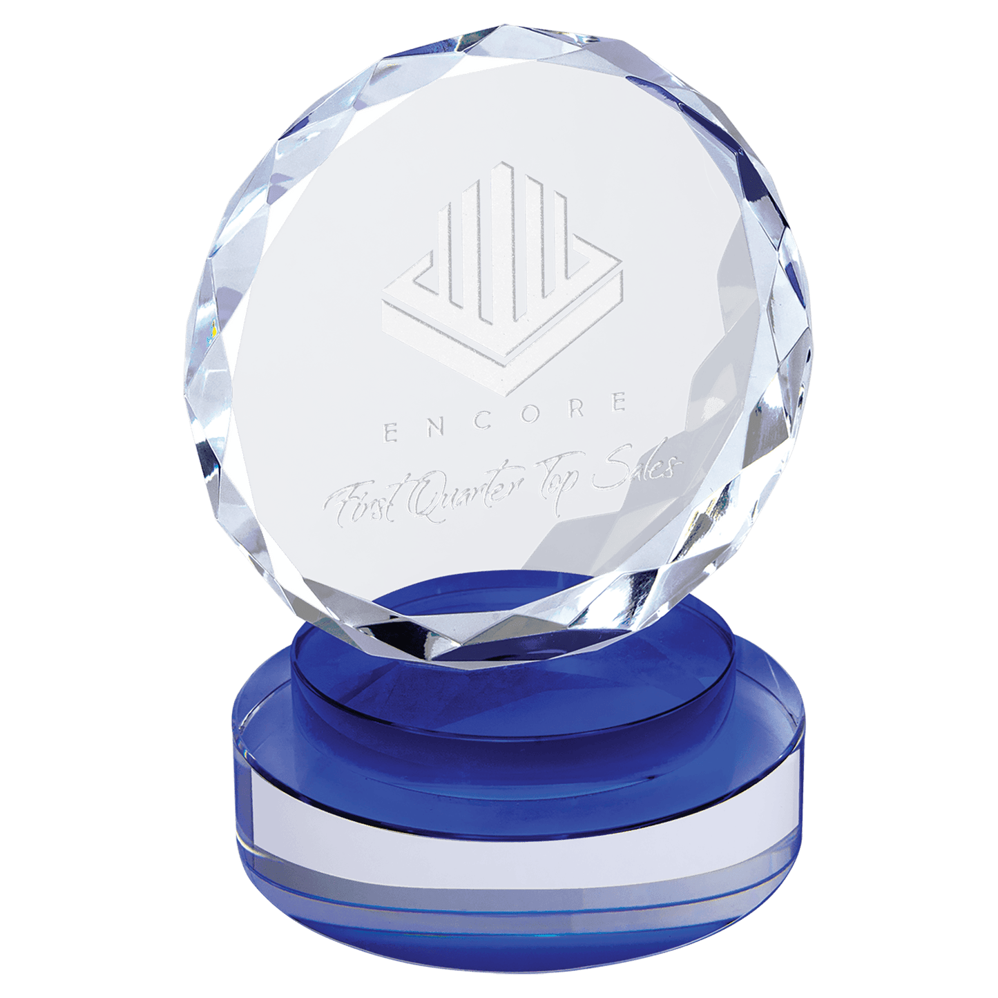 Round Facet Crystal on Blue & Clear Round Base - 5"
