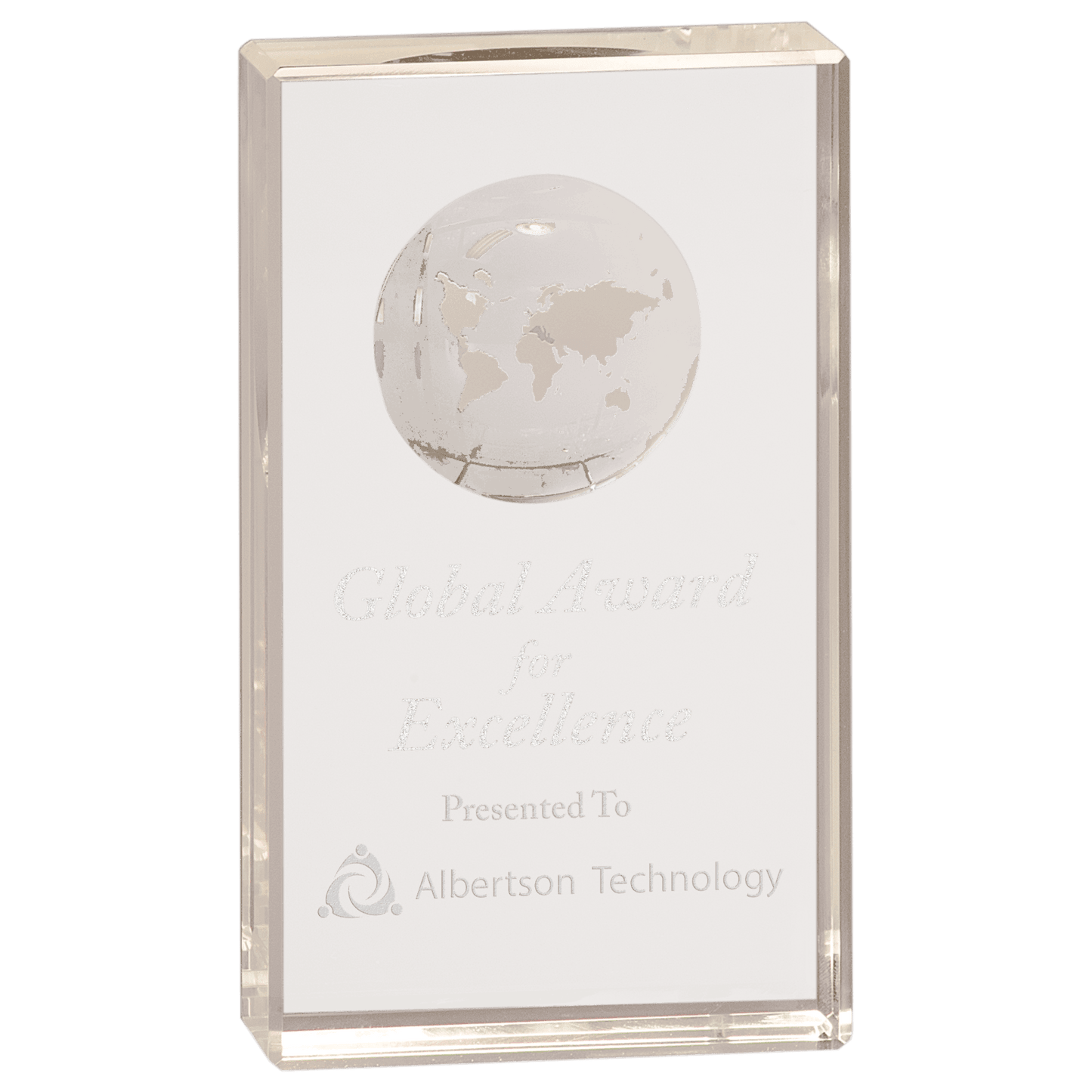 Clear Crystal Rectangle with Globe Etching - 6"