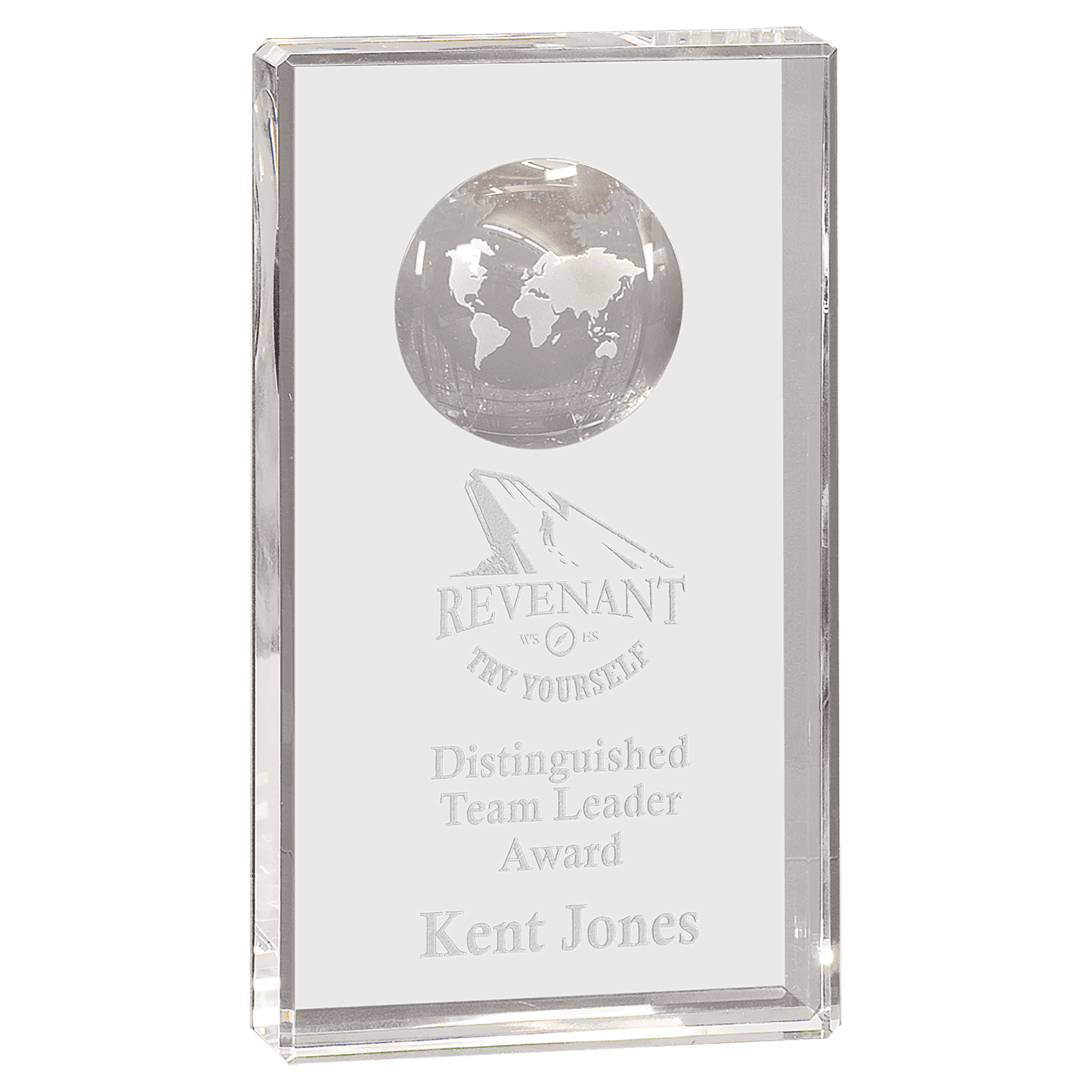 Clear Crystal Rectangle with Globe Etching - 8"