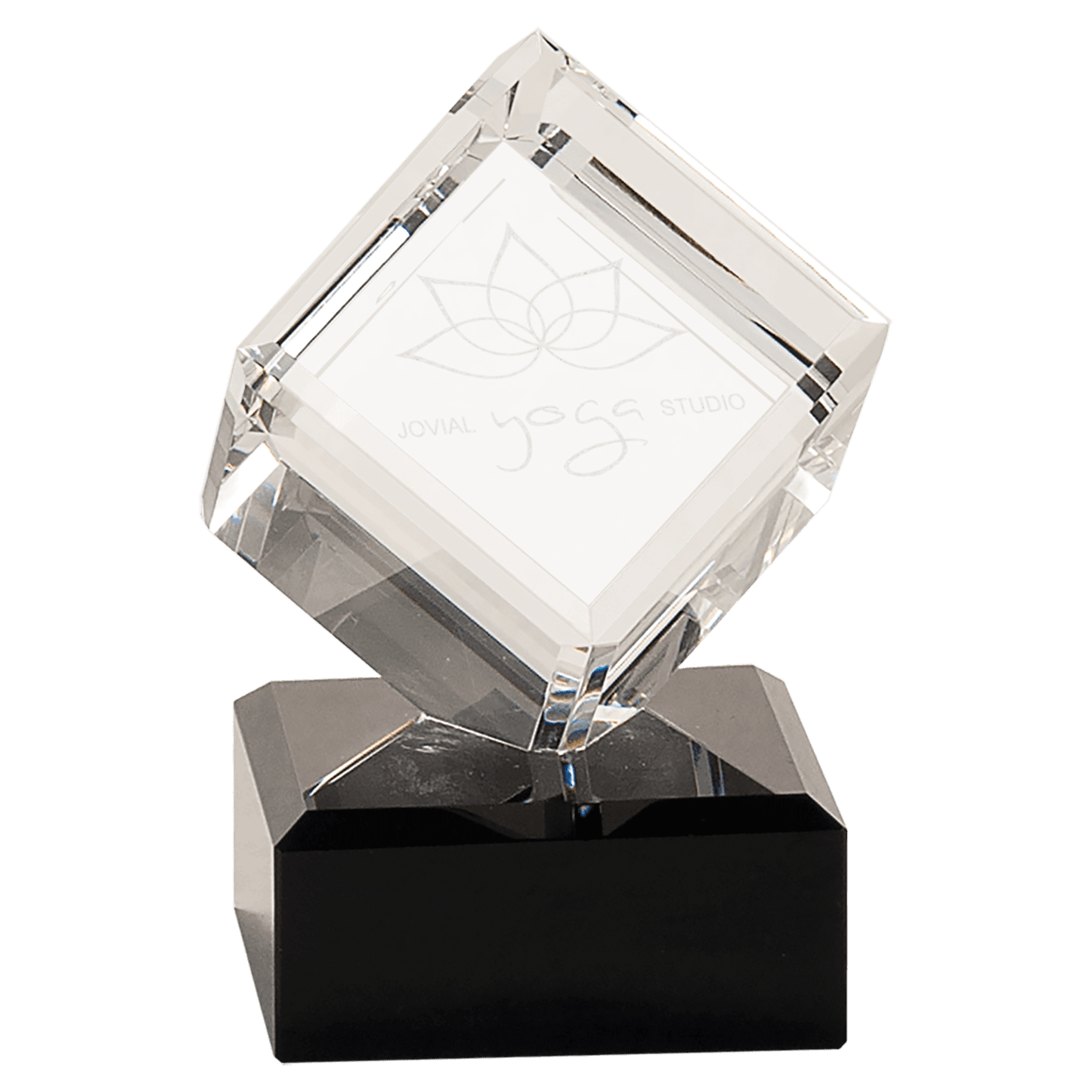 Clear Crystal Cube on Black Pedestal Base - 4 1/2"