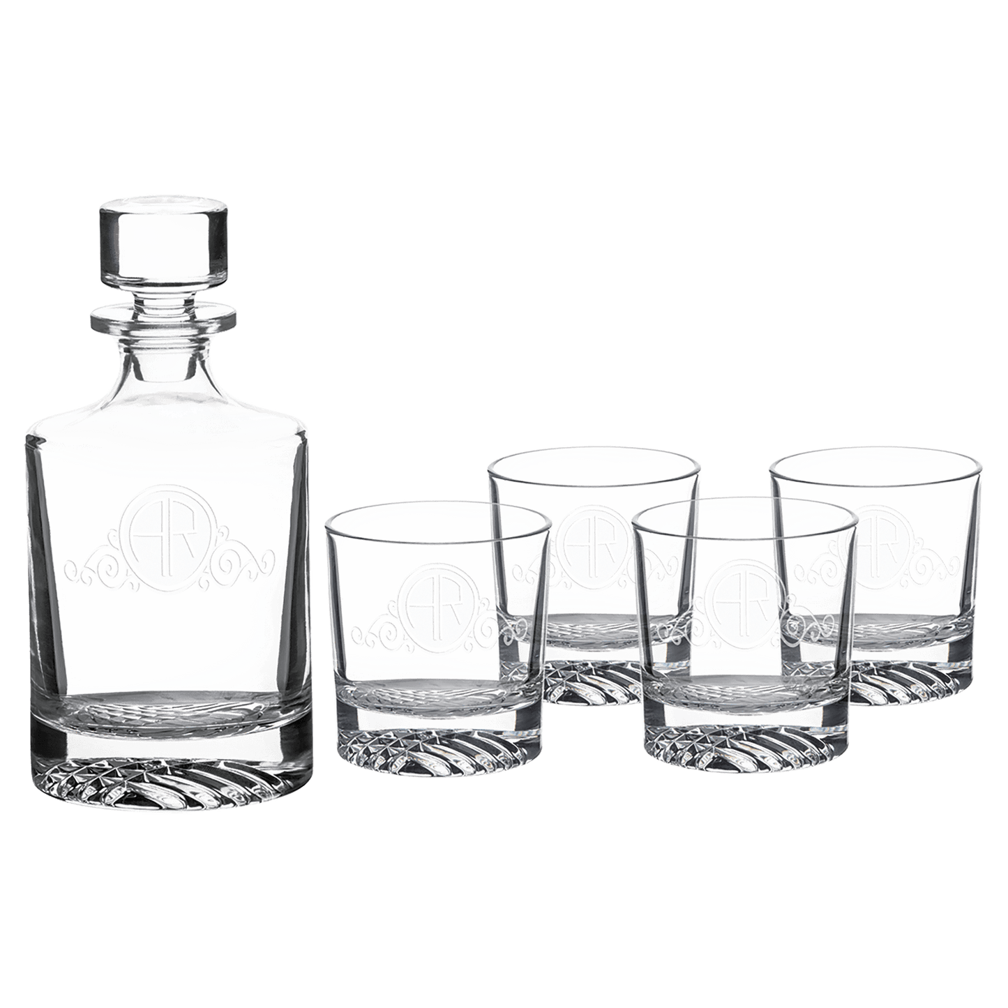 Polar Camel 850 mL Round Glass Decanter Set with Four 9 oz. Rocks Glasses in Black Gift Box with Printed Paper Sleeve