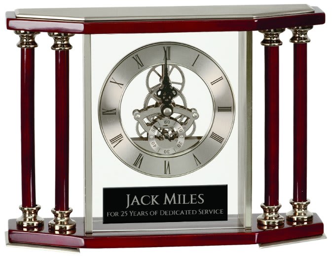 Executive 4-Pillar Silver & Rosewood Piano Finish Clock - 7 1/4"