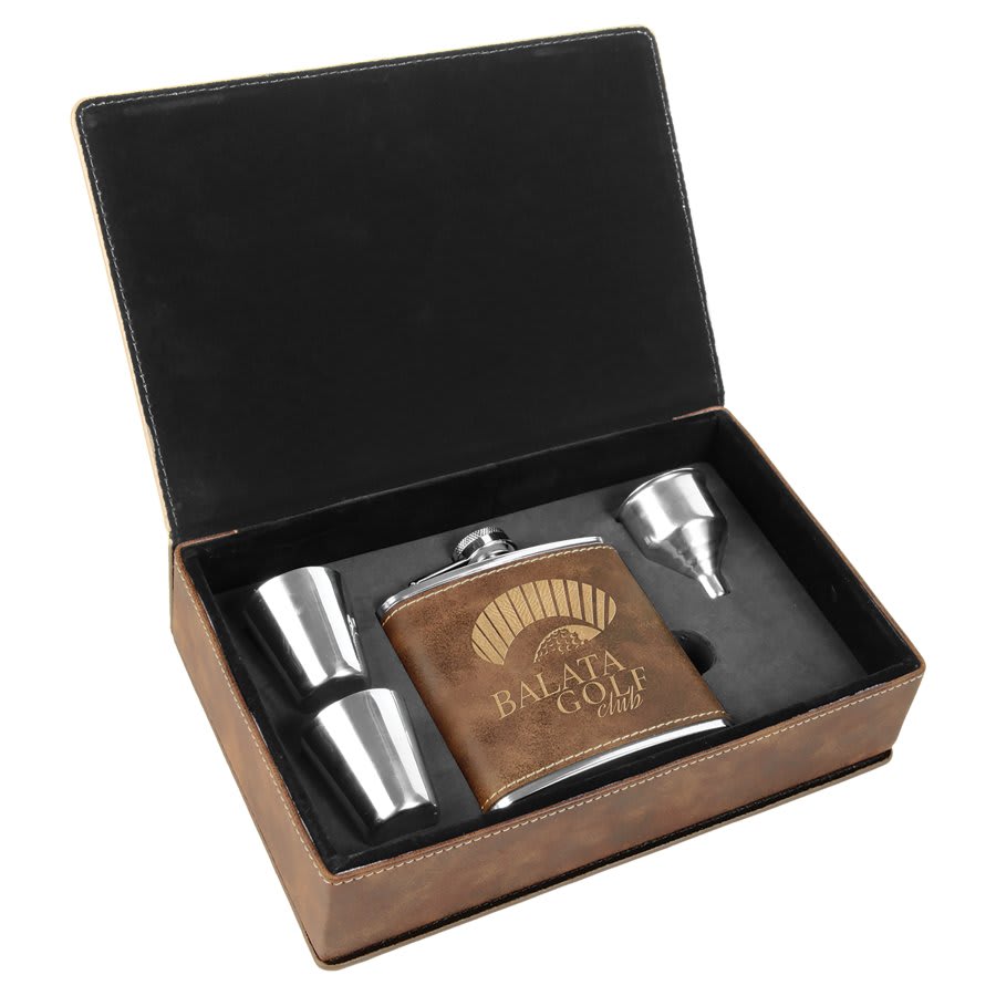 6 oz. Rustic/Gold Engravable Leatherette Flask Gift Set