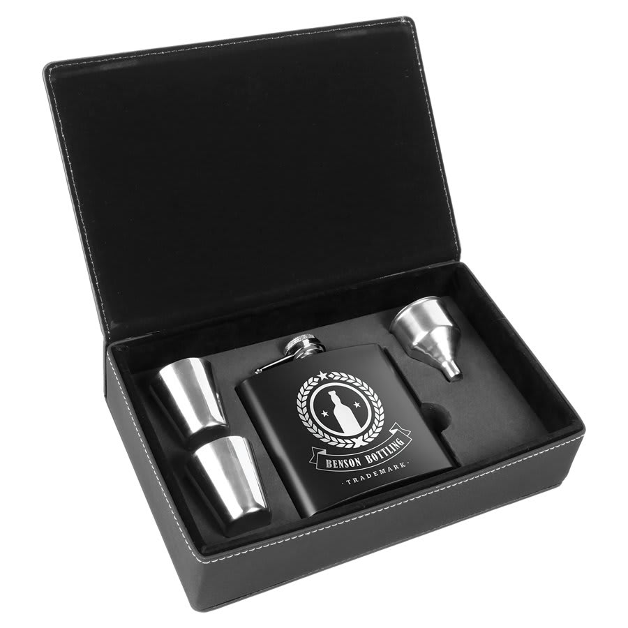 6 oz. Black Stainless Steel Flask Set in Black/Silver Engravable Leatherette Box