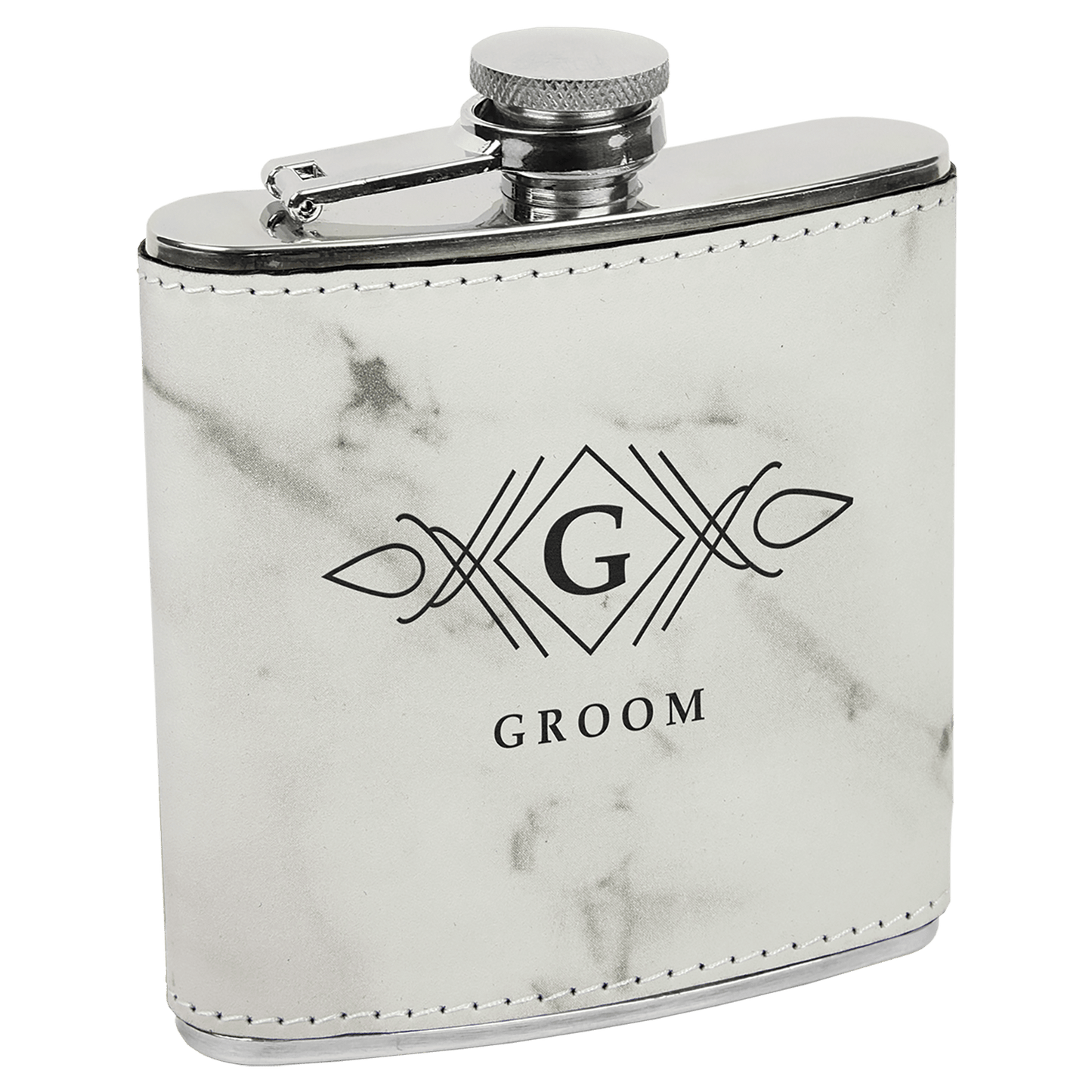 6 oz.White Marble Engravable Leatherette Stainless Steel Flask