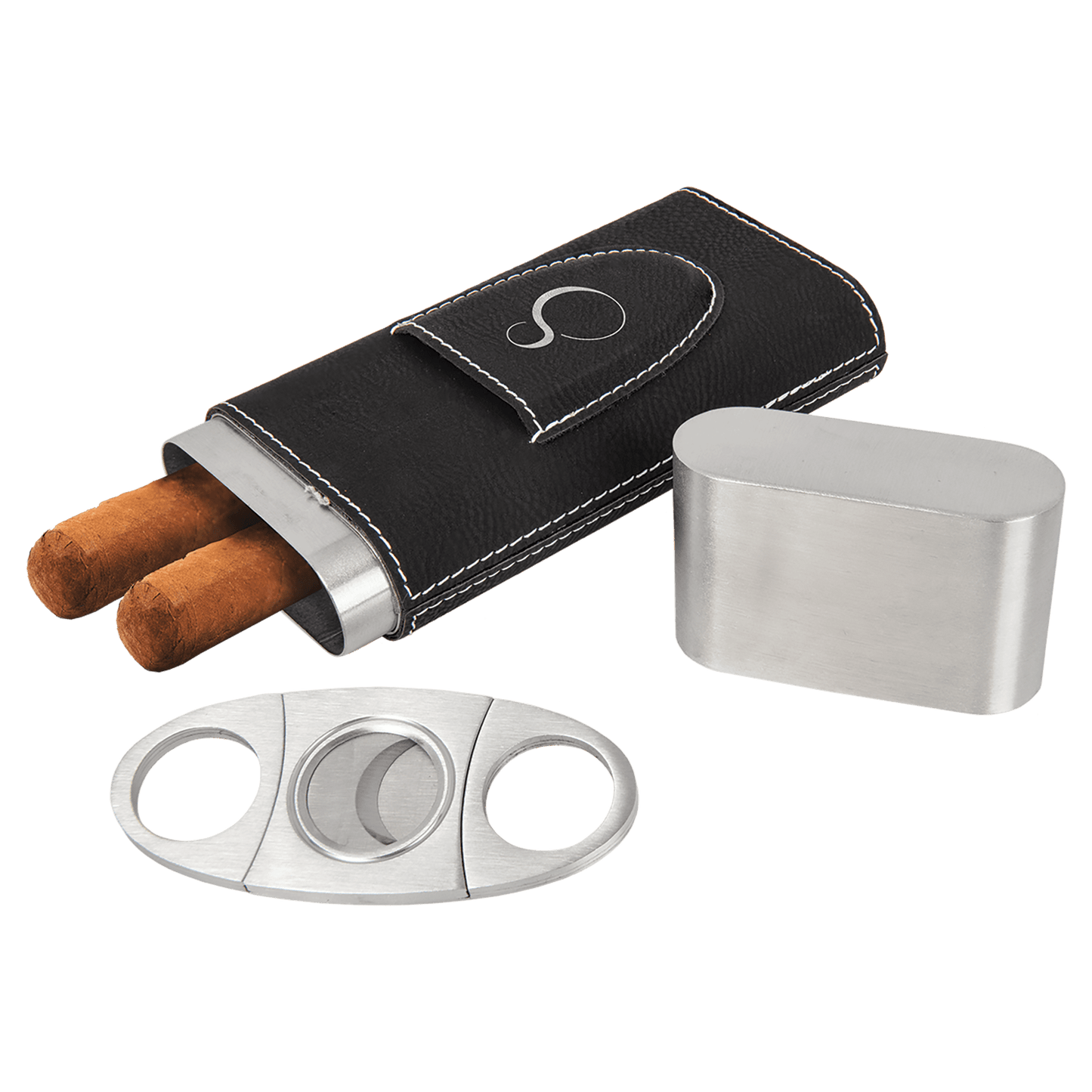 Black/Silver Engravable Leatherette Cigar Case with Cutter