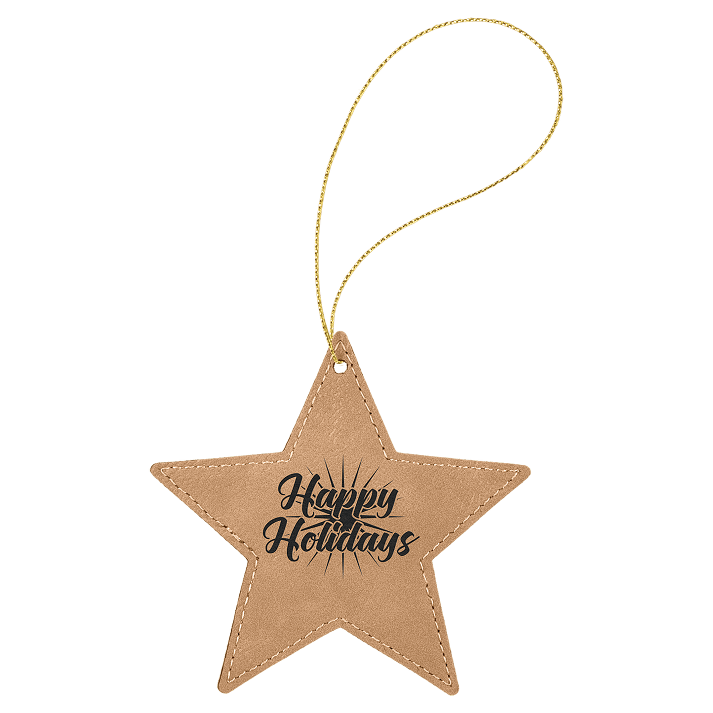 Light Brown Engravable Leatherette Star Ornament with Gold String