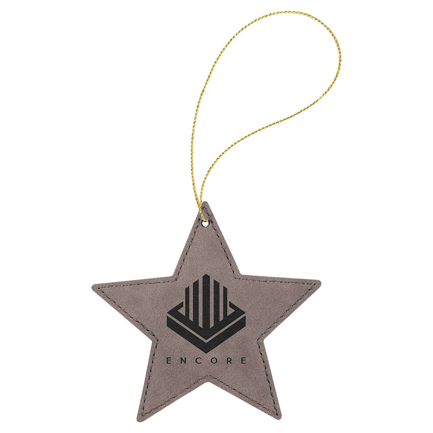 Gray Engravable Leatherette Star Ornament with Gold String