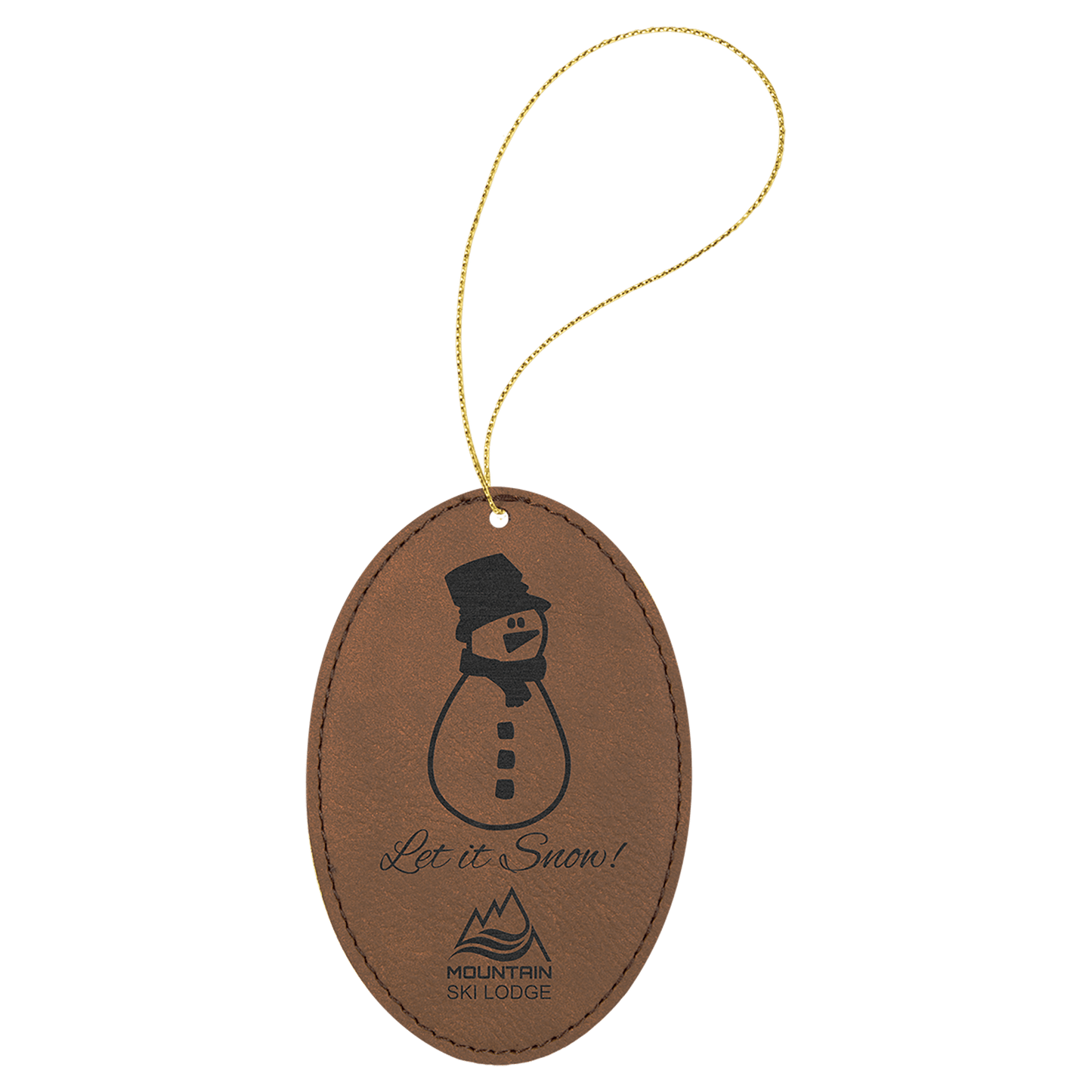 Dark Brown Engravable Leatherette Oval Ornament with Gold String