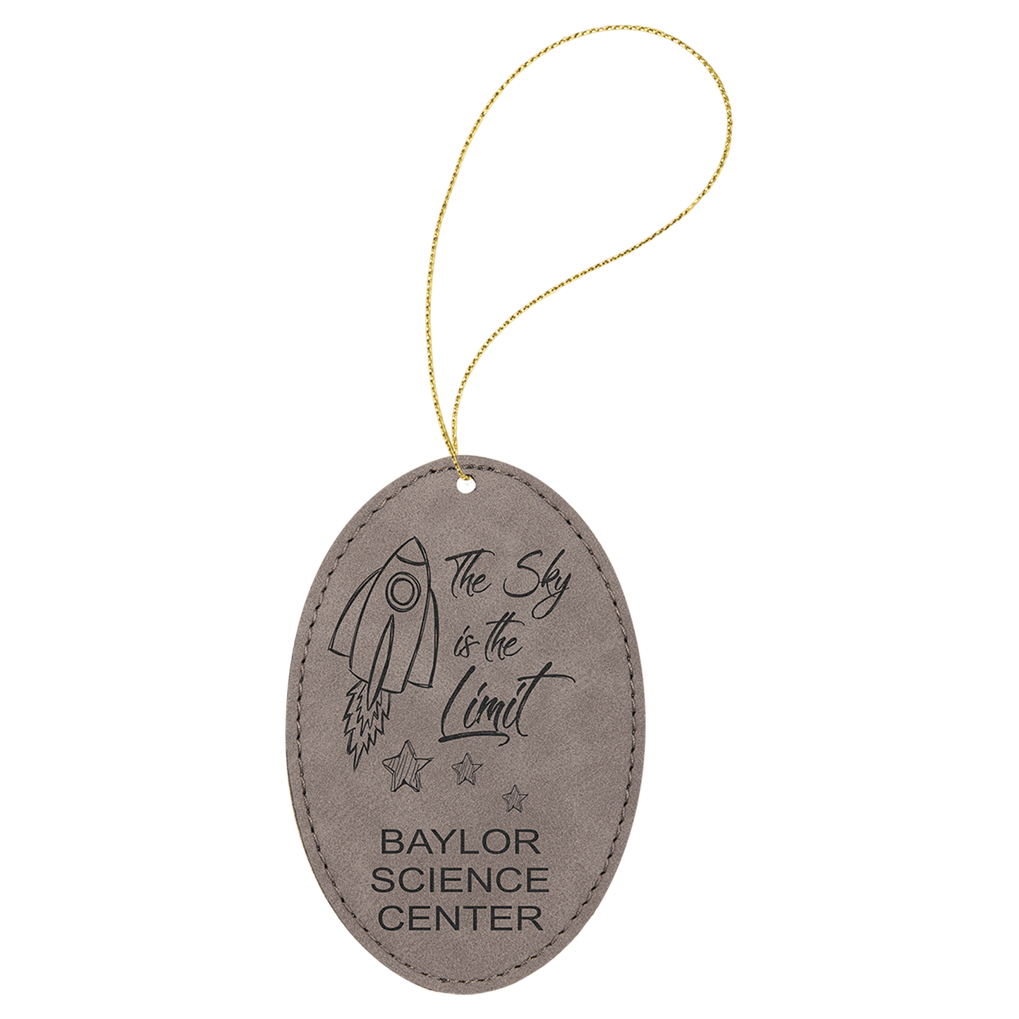 Gray Engravable Leatherette Oval Ornament with Gold String