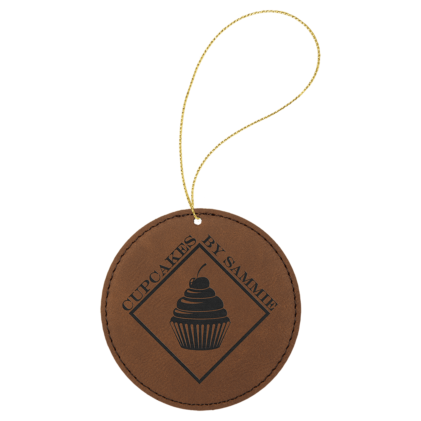 Dark Brown Engravable Leatherette Round Ornament with Gold String