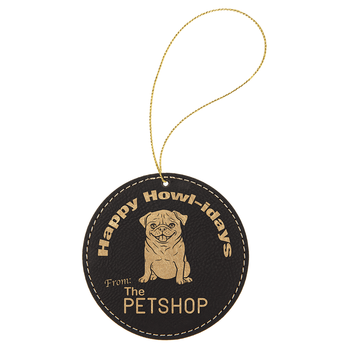 Black/Gold Engravable Leatherette Round Ornament with Gold String