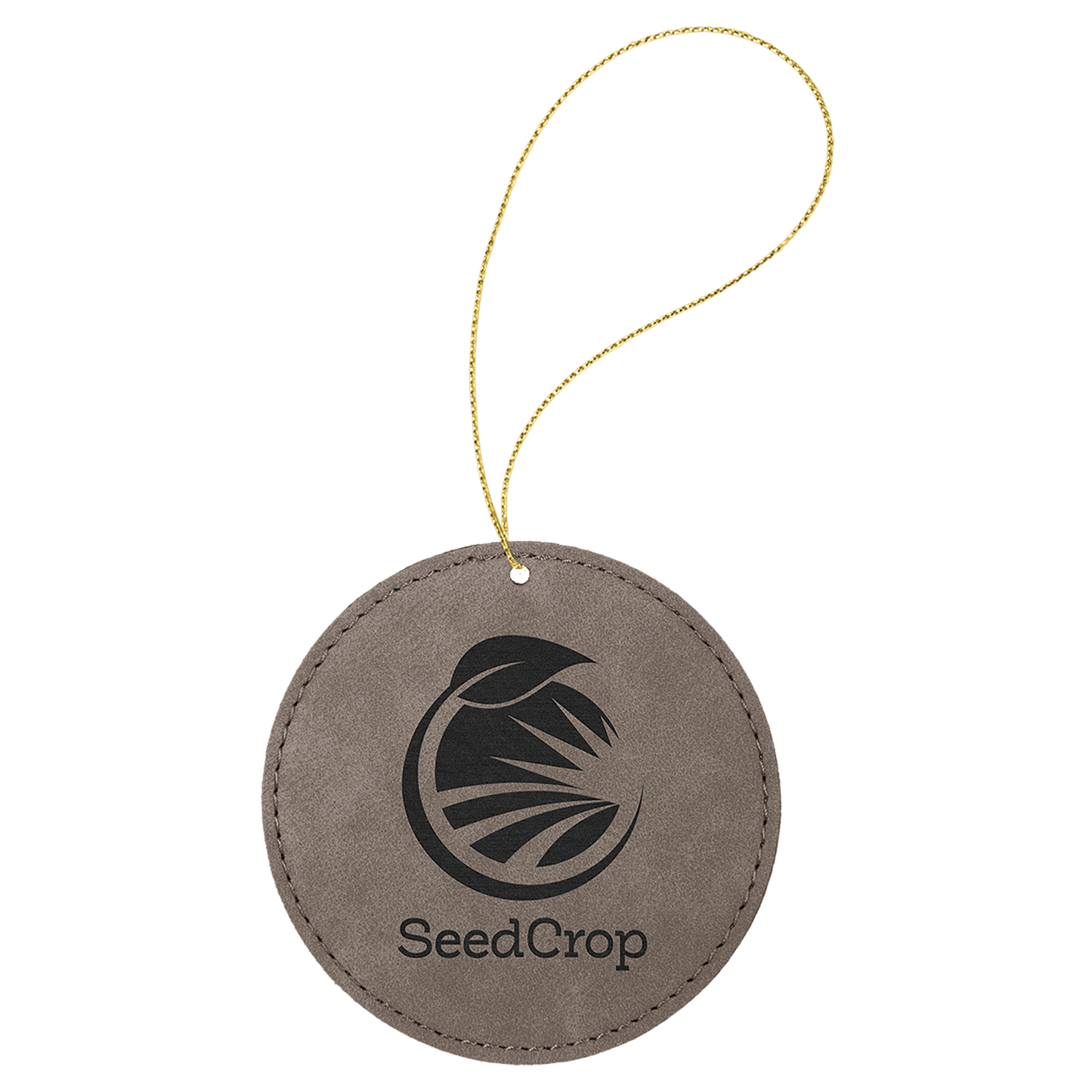Gray Engravable Leatherette Round Ornament with Gold String