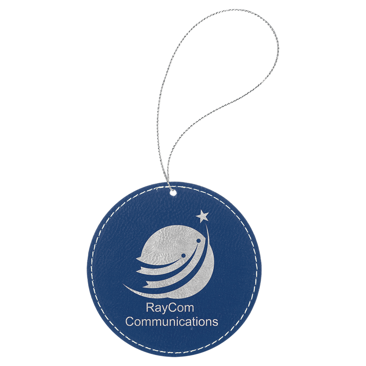Blue/Silver Engravable Leatherette Round Ornament with Silver String