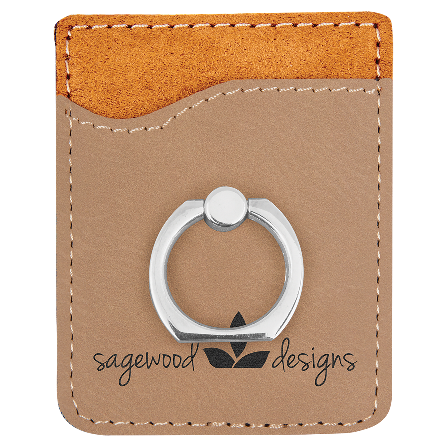 Light Brown Engravable Leatherette Phone Wallet with Silver Ring
