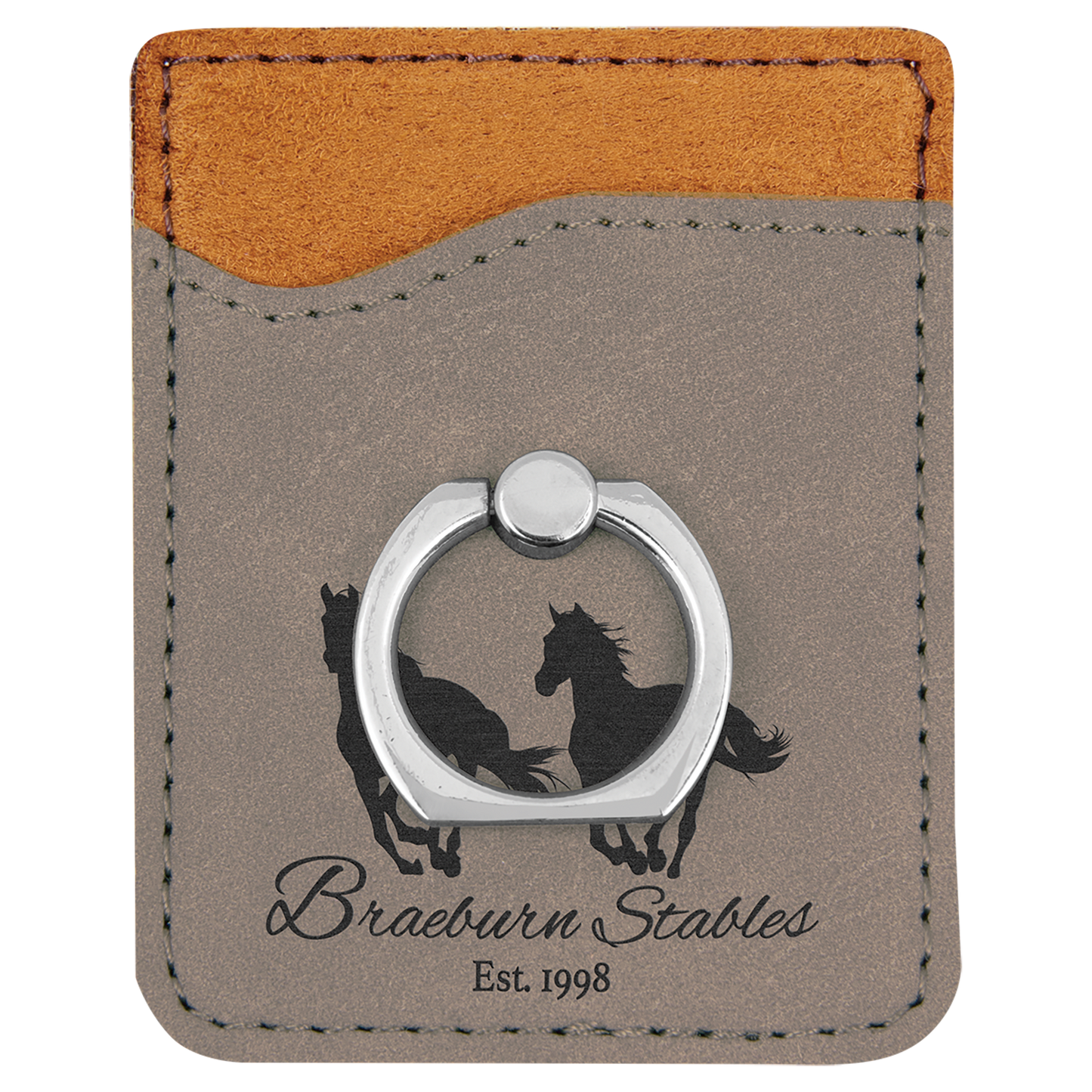 Gray Engravable Leatherette Phone Wallet with Silver Ring