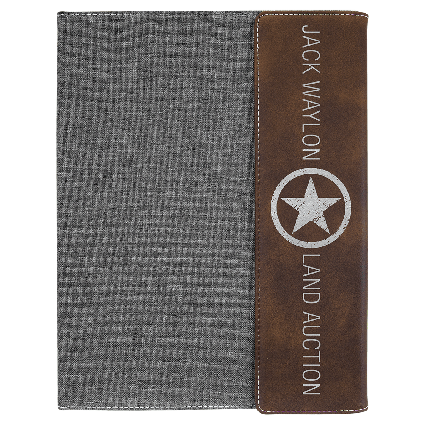 9 1/2"x12" Rustic/Silver Engravable Leatherette/Gray Canvas Portfolio w/Notepad