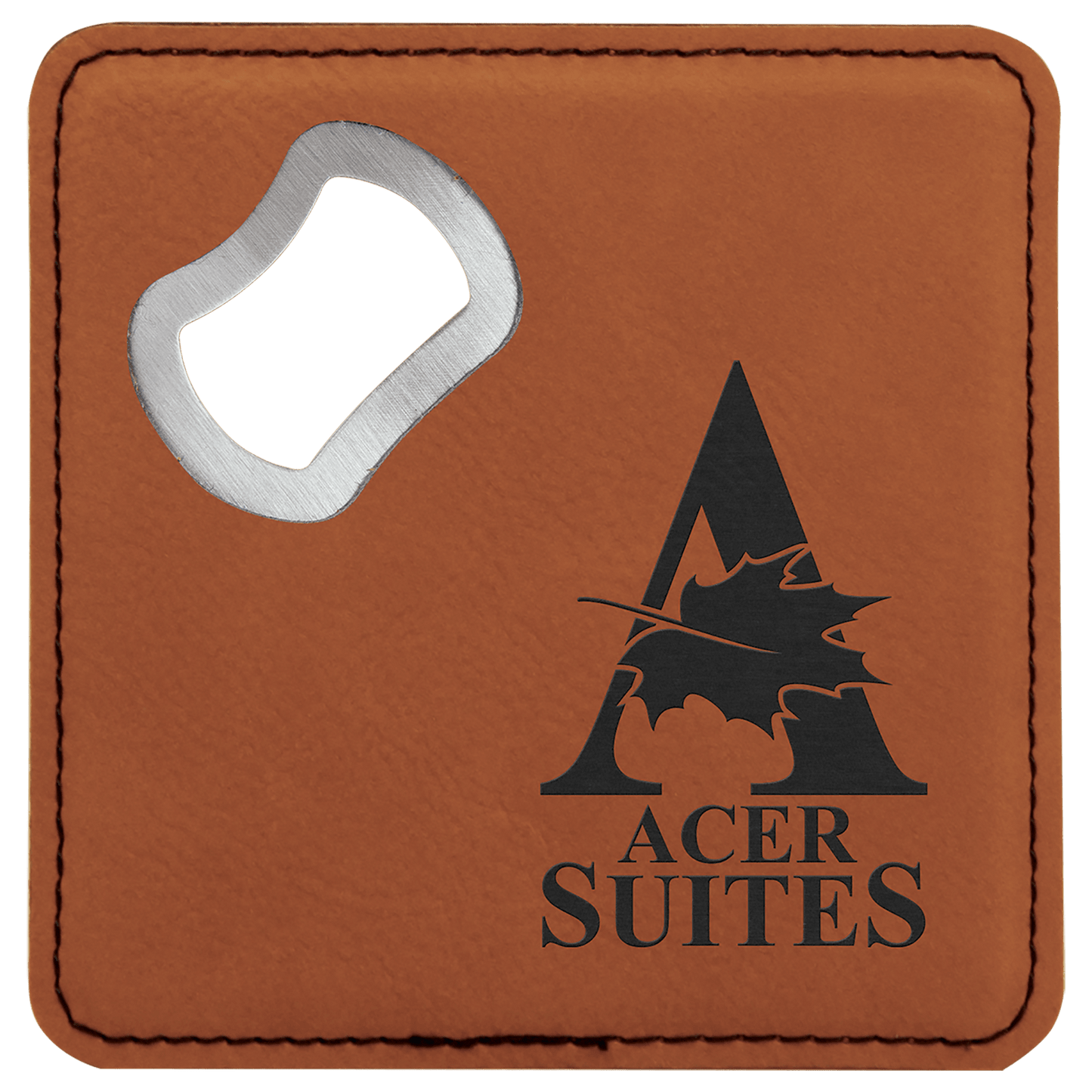 Square Rawhide Engravable Leatherette Bottle Opener Coaster - 4" x 4"