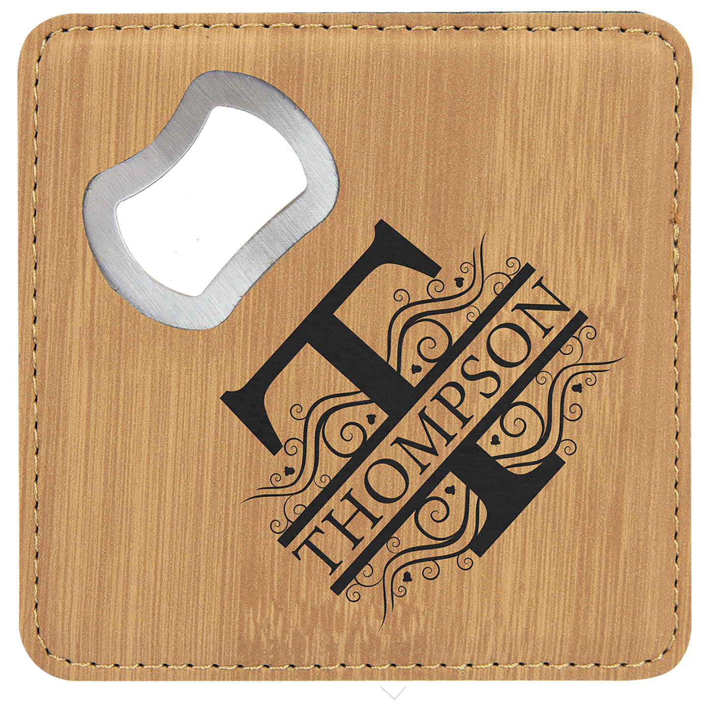 Square Bamboo Engravable Leatherette Coaster with Bottle Opener - 4" x 4"