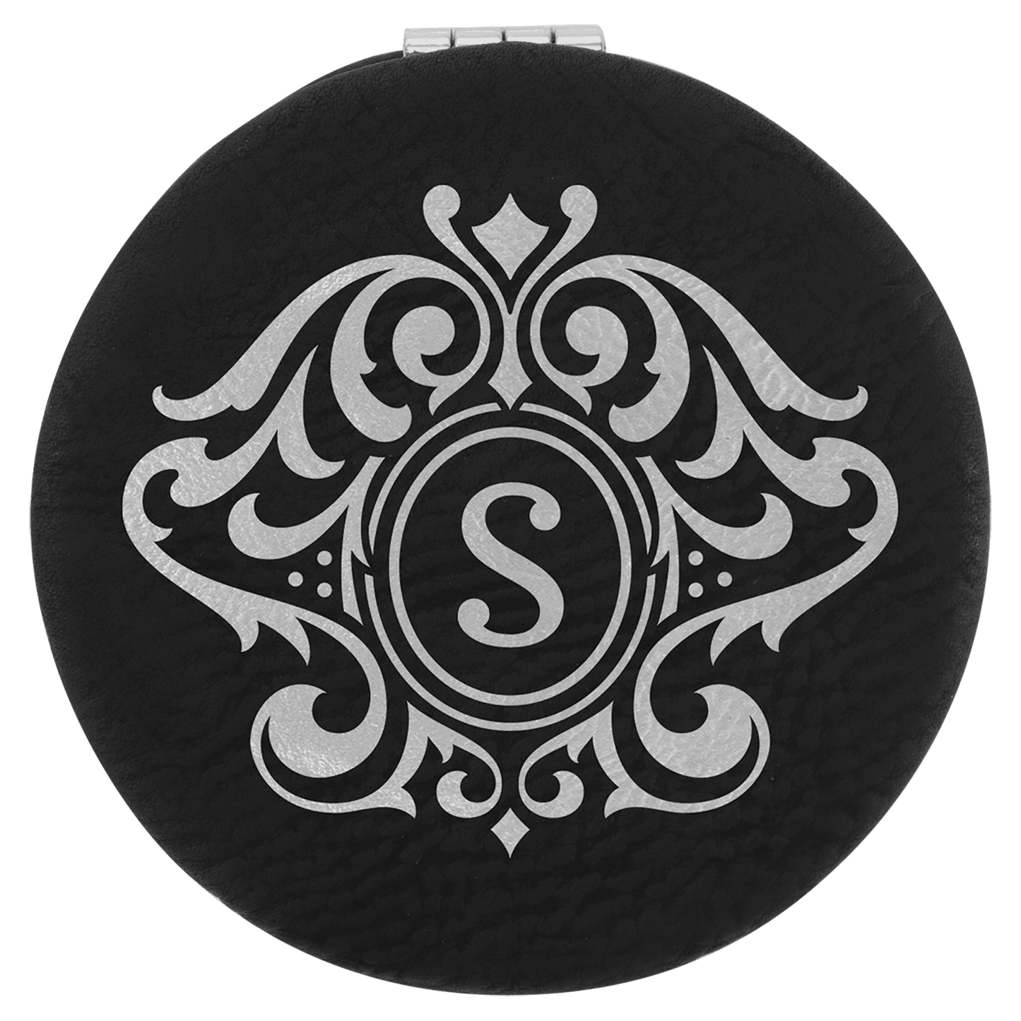 2 1/2" Black/Silver Laserable Leatherette Compact Mirror