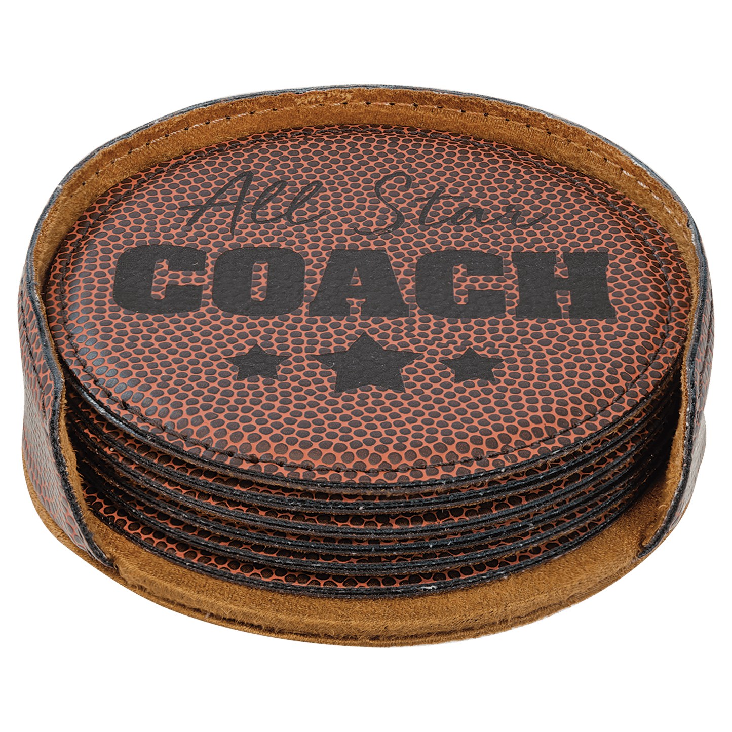 Football Round Engravable Leatherette 6-Coaster Set - 4"