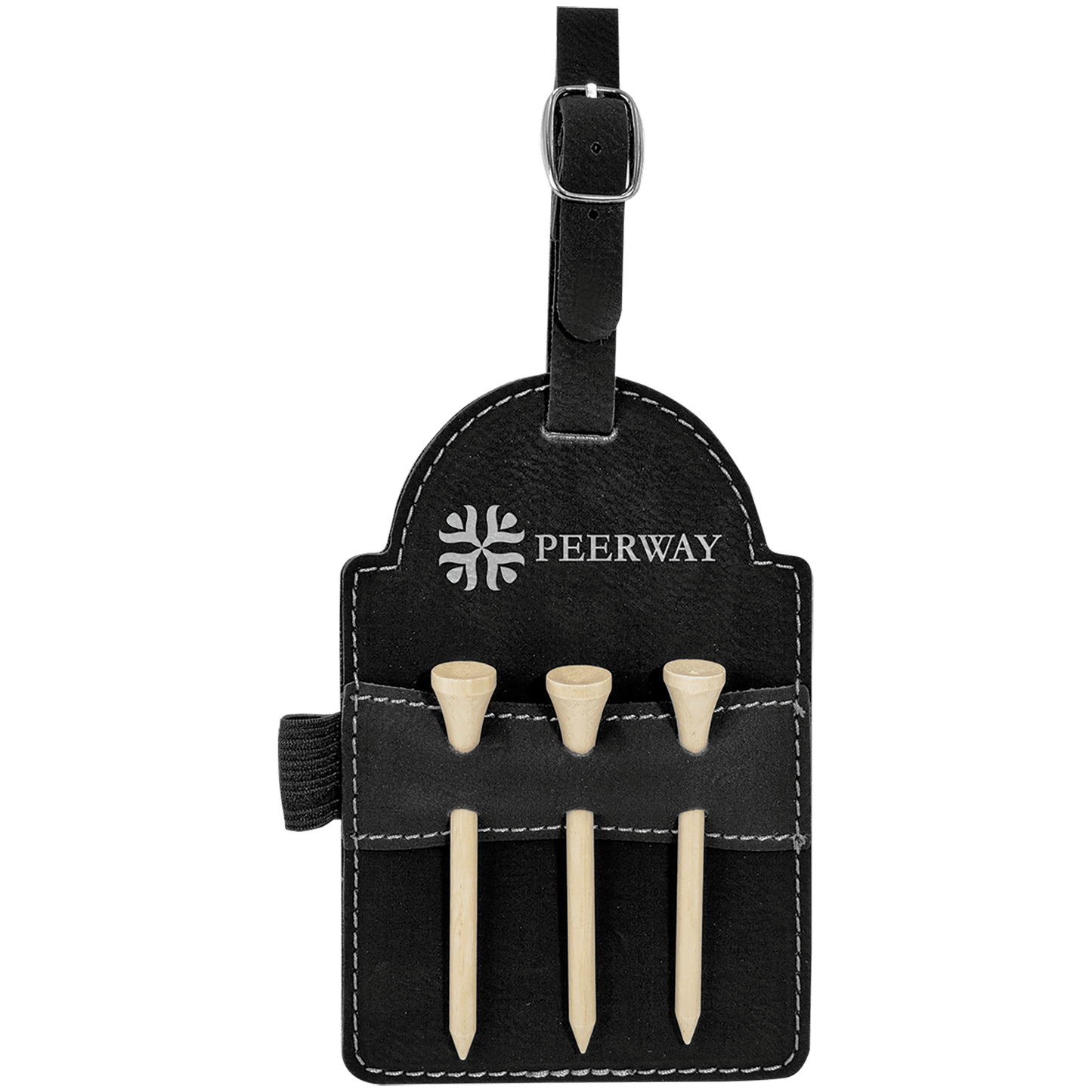 Black/Silver Engravable Leatherette Golf Bag Tag with 3 Wooden Tees - 5" x 3 1/4"