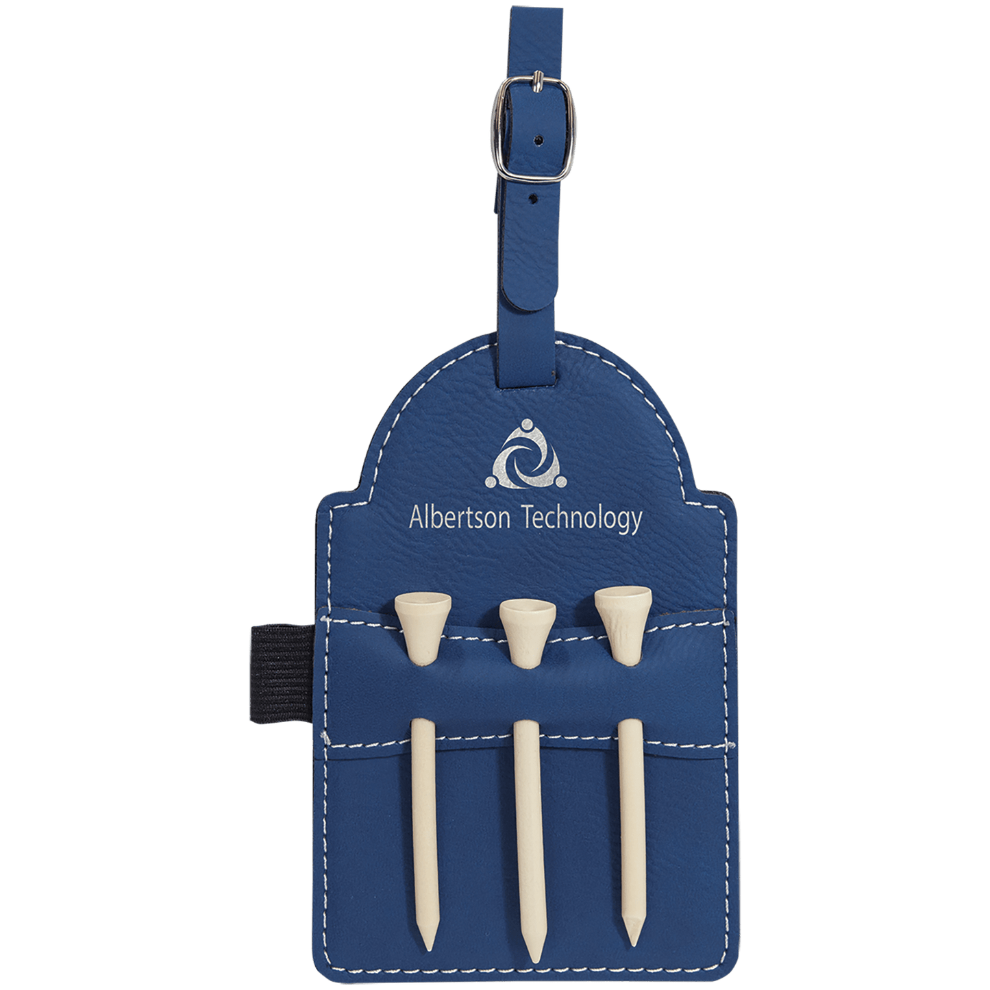 Blue/Silver Engravable Leatherette Golf Bag Tag with 3 Wooden Tees - 5" x 3 1/4"