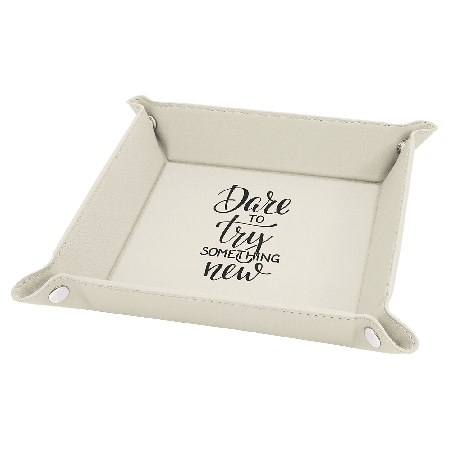 White Engravable Leatherette Snap Up Tray with Silver Snaps - 6" x 6"
