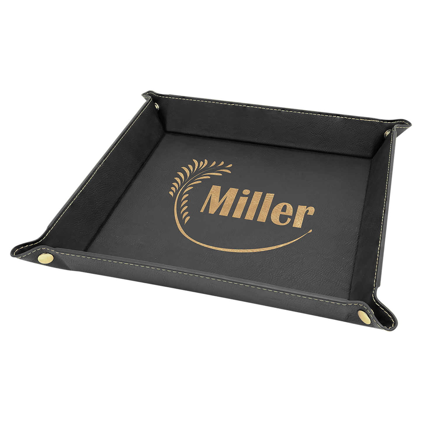 Black/Gold Engravable Leatherette Snap Up Tray with Gold Snaps - 9" x 9"