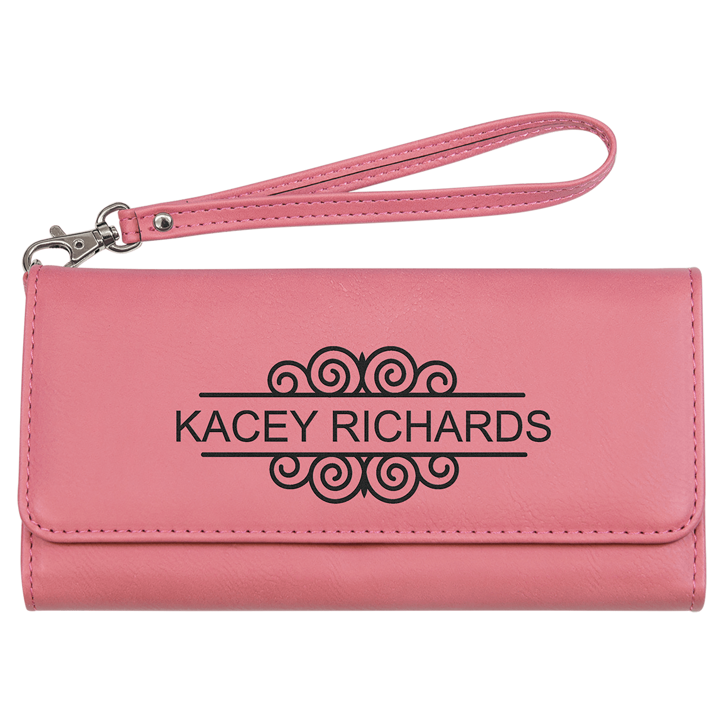 Pink Engravable Leatherette Wallet with Strap - 7 1/2" x 4"