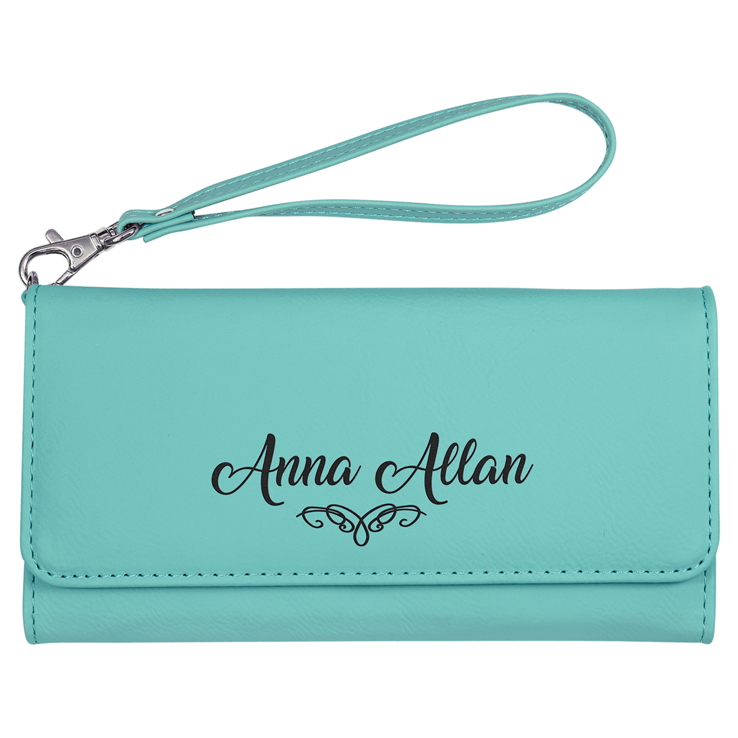 Teal Engravable Leatherette Wallet with Strap - 7 1/2" x 4"