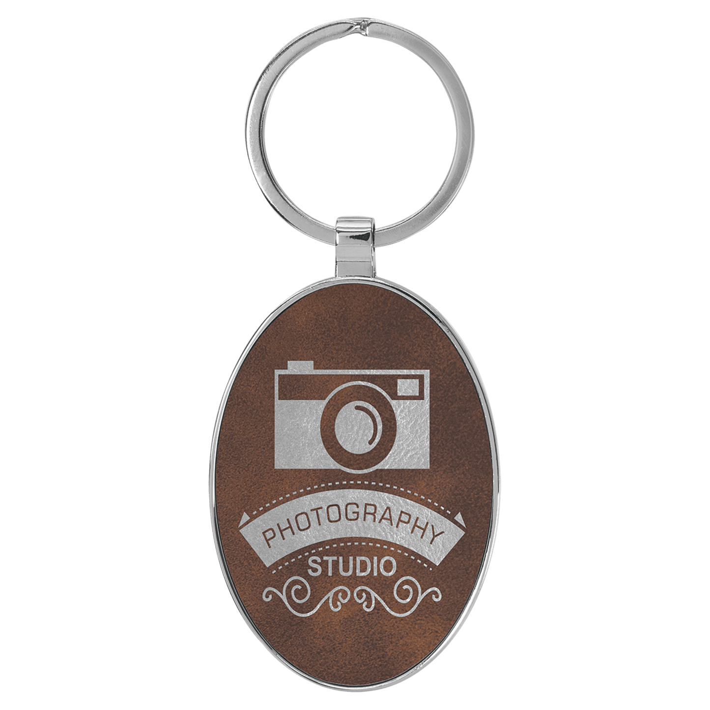 Engravable Leatherette/Metal Rustic/Silver Oval Keychain - 3" x 1 3/4"