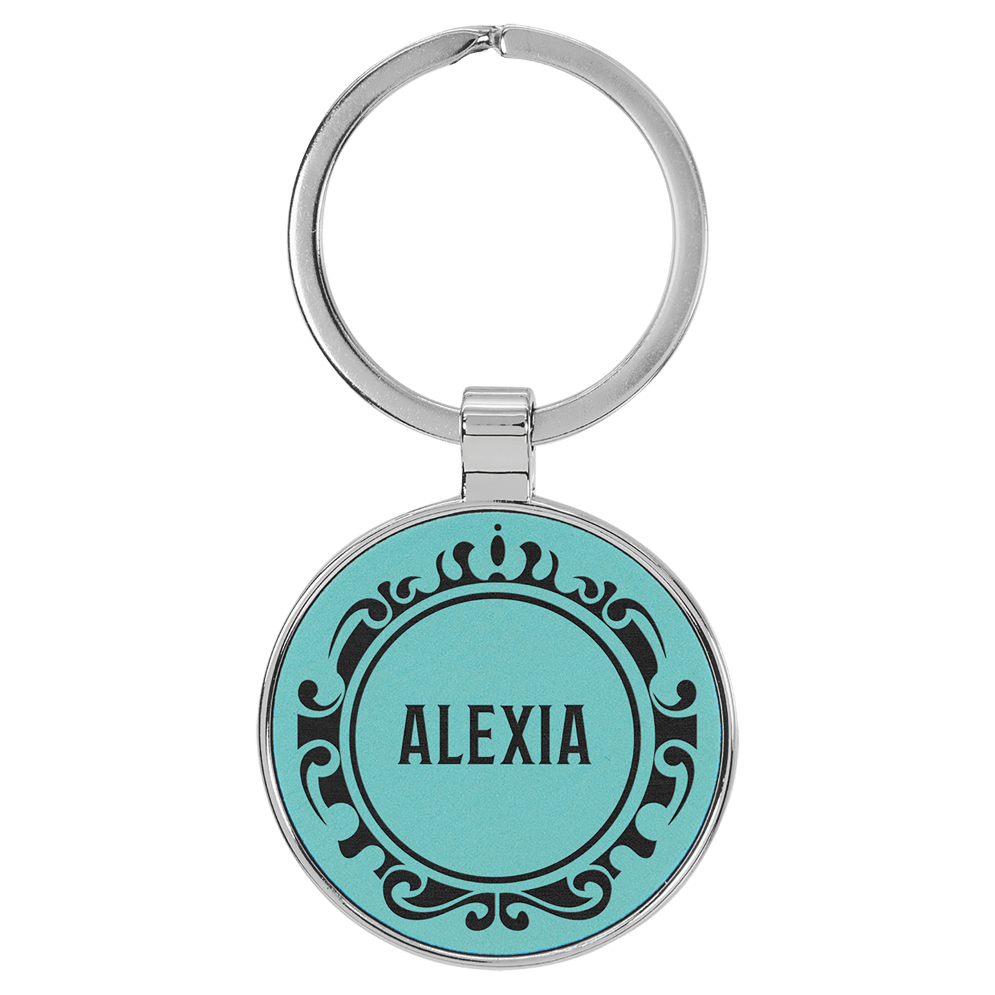 Engravable Leatherette/Metal Teal Round Keychain - 1 1/2"