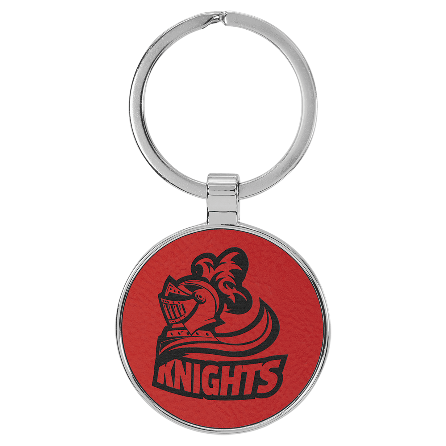 1 1/2" Laserable Leatherette/Metal Red Round Keychain
