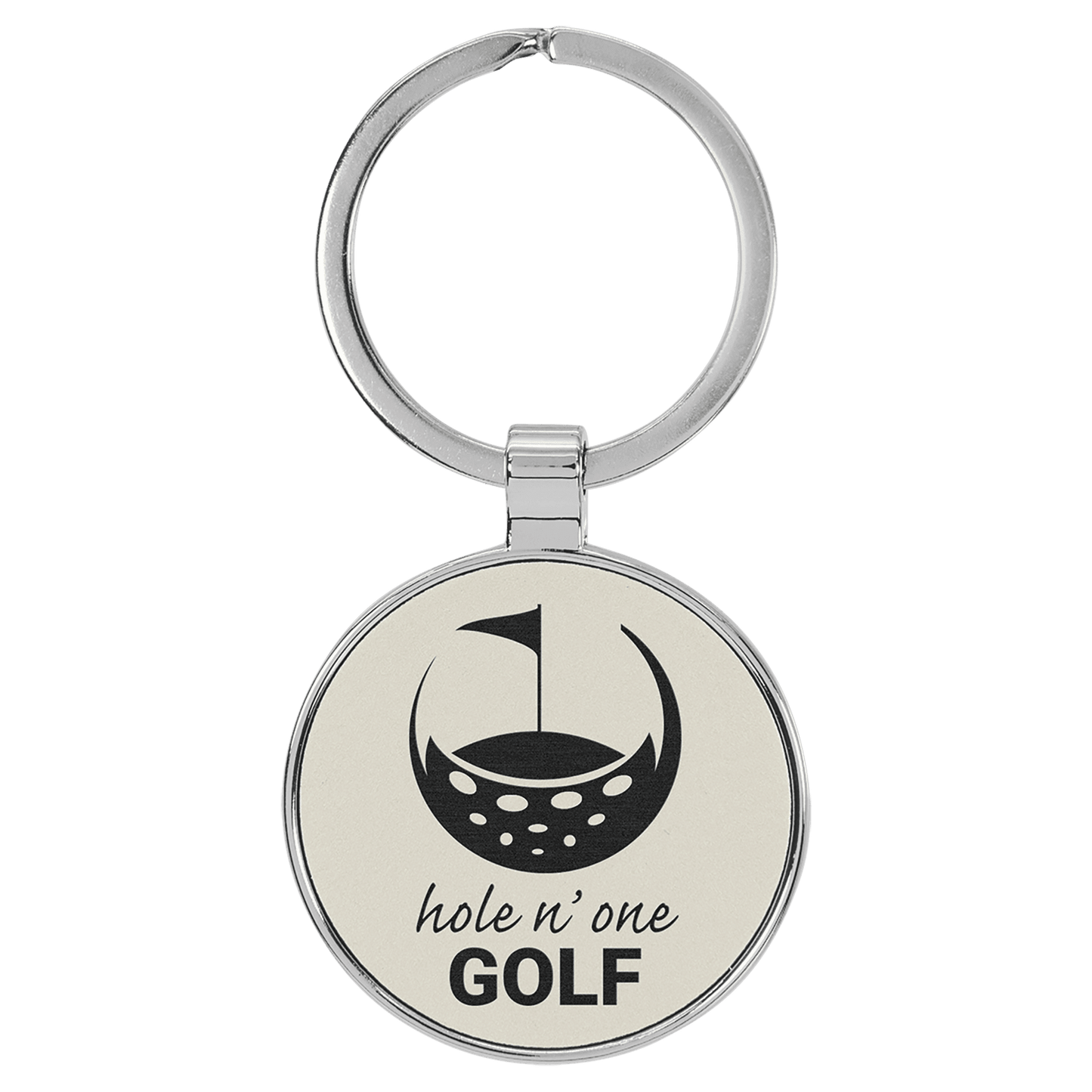 1 1/2" Laserable Leatherette/Metal White Round Keychain