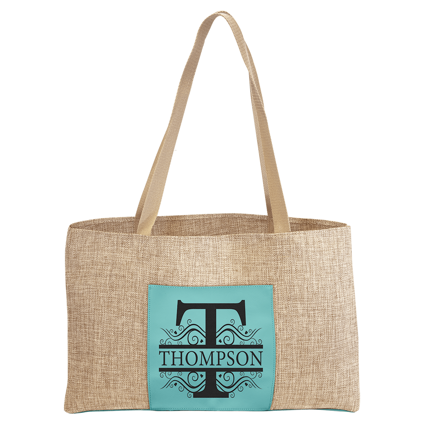 Burlap Bag with 5" Teal Engravable Leatherette Gusset - 19" x 12"