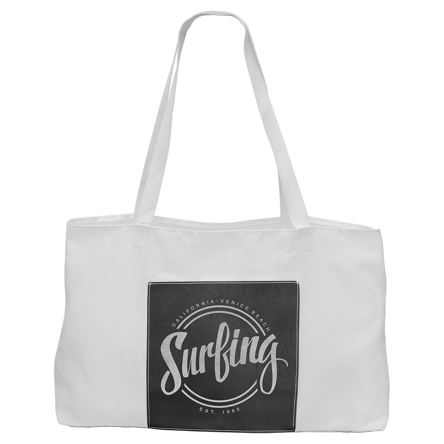 White Bag with 5" Black/Silver Engravable Leatherette Gusset - 19" x 12"