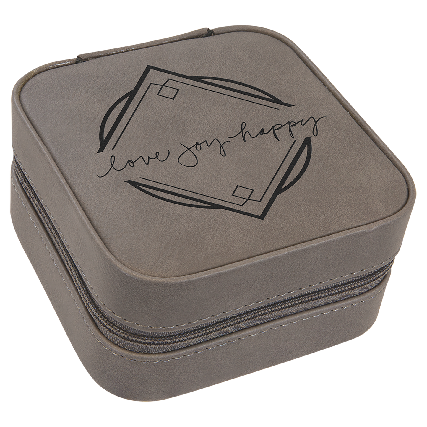 Gray Engravable Leatherette Travel Jewelry Box with Tan Lining - 4" X 4"