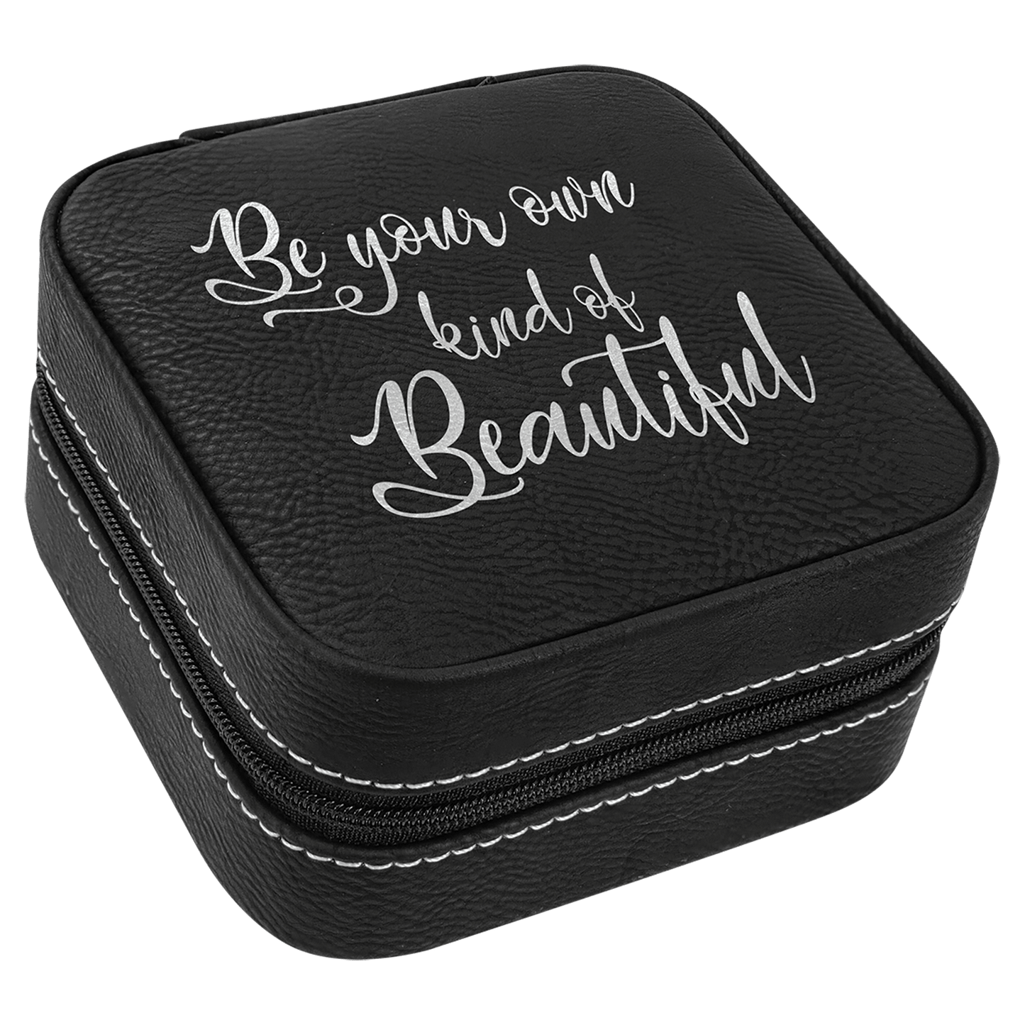 4" x 4" Black/Silver Laserable Leatherette Travel Jewelry Box with Tan Lining