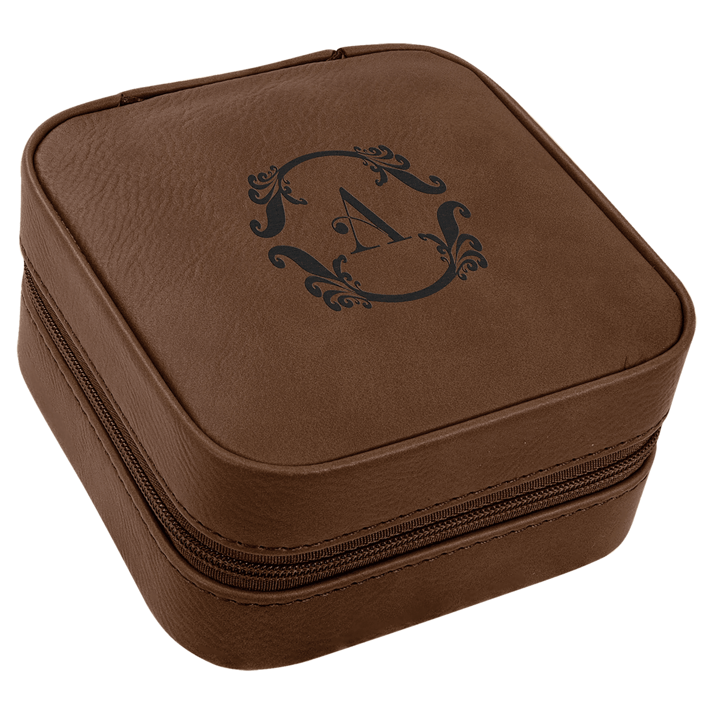 Dark Brown Engravable Leatherette Travel Jewelry Box with Black Lining - 4" X 4"