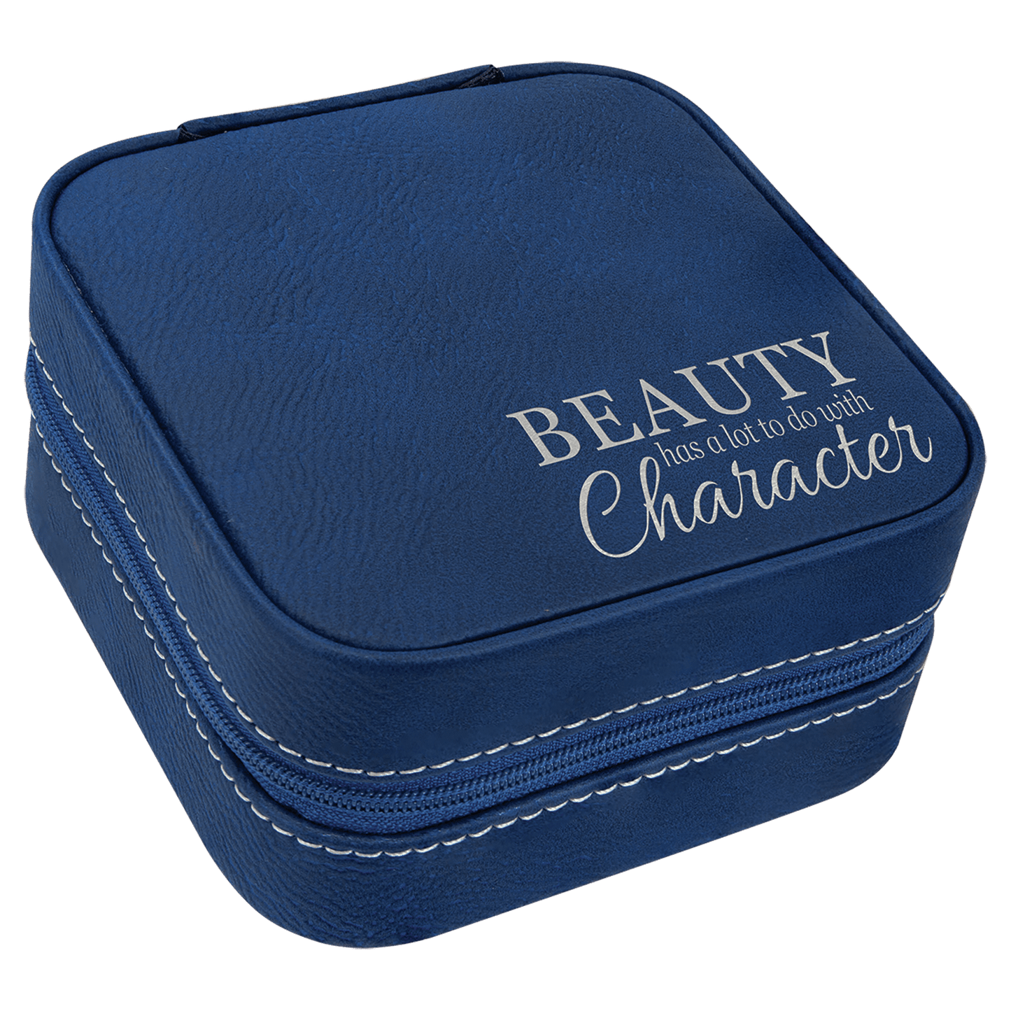 Blue/Silver Engravable Leatherette Travel Jewelry Box with Black Lining - 4" X 4"